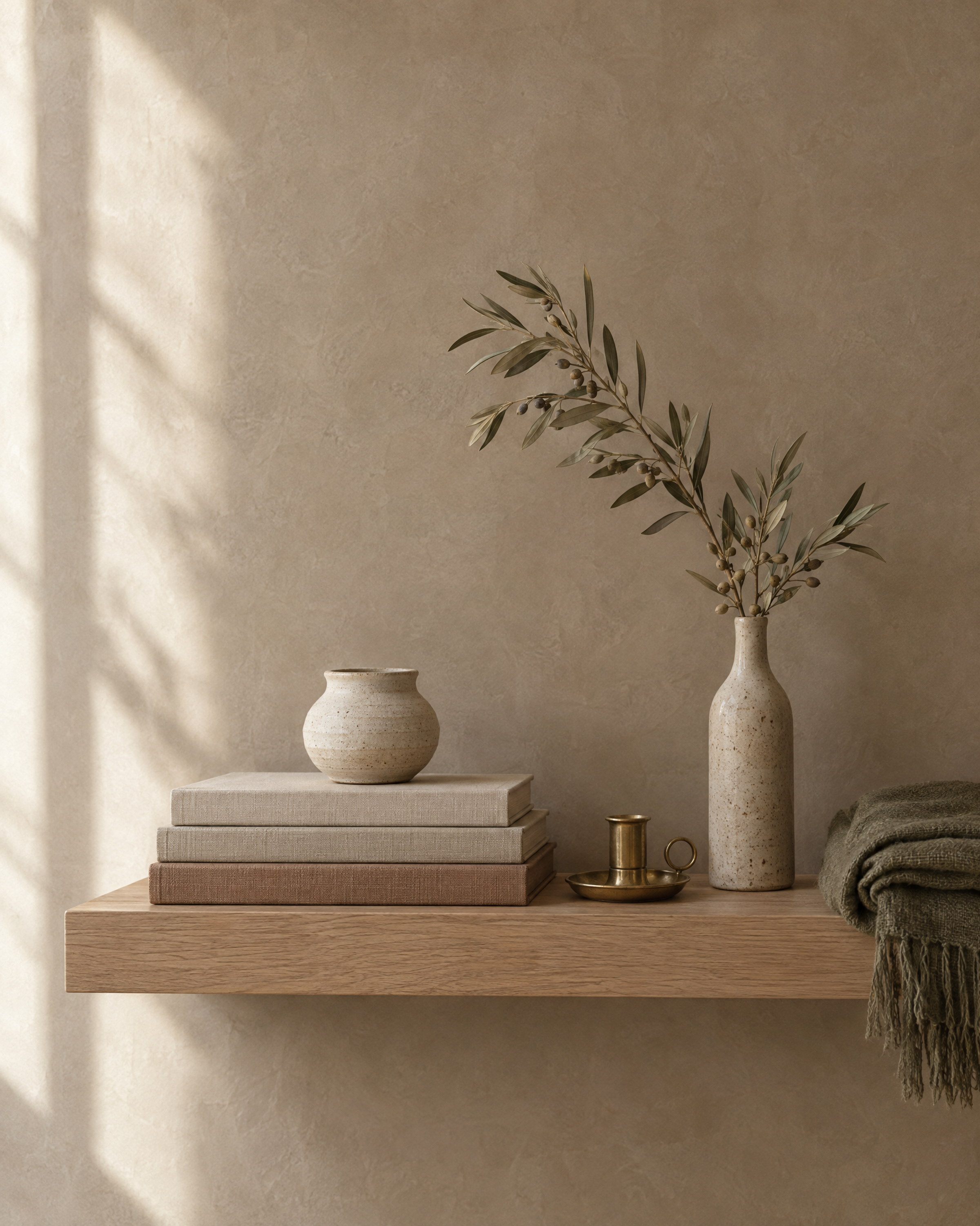 Linen-bound books, a stoneware vessel and a dried olive branch on a white oak shelf against limewash plaster