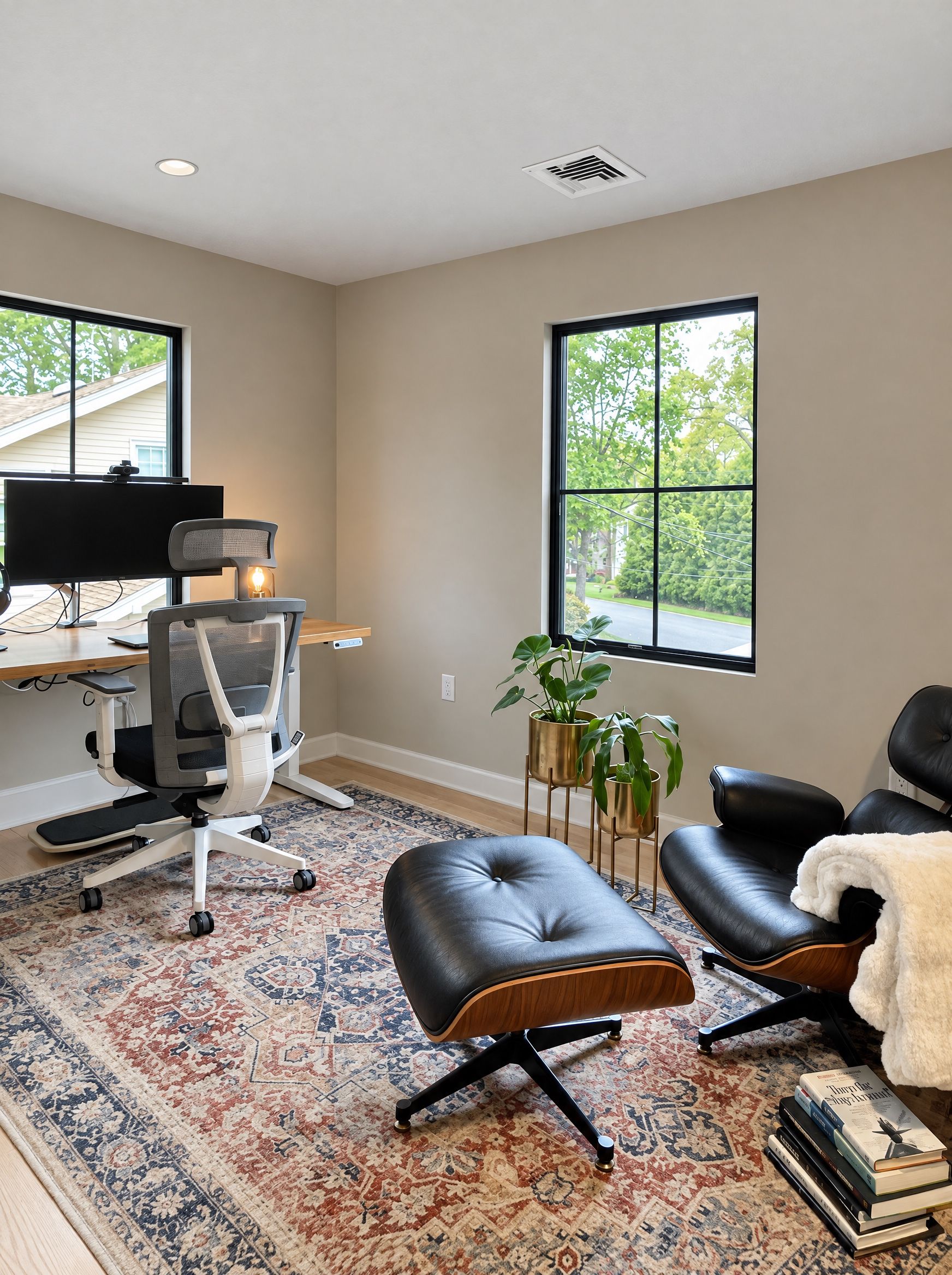 The office: the desk by the window, the Eames chair and ottoman on a vintage rug