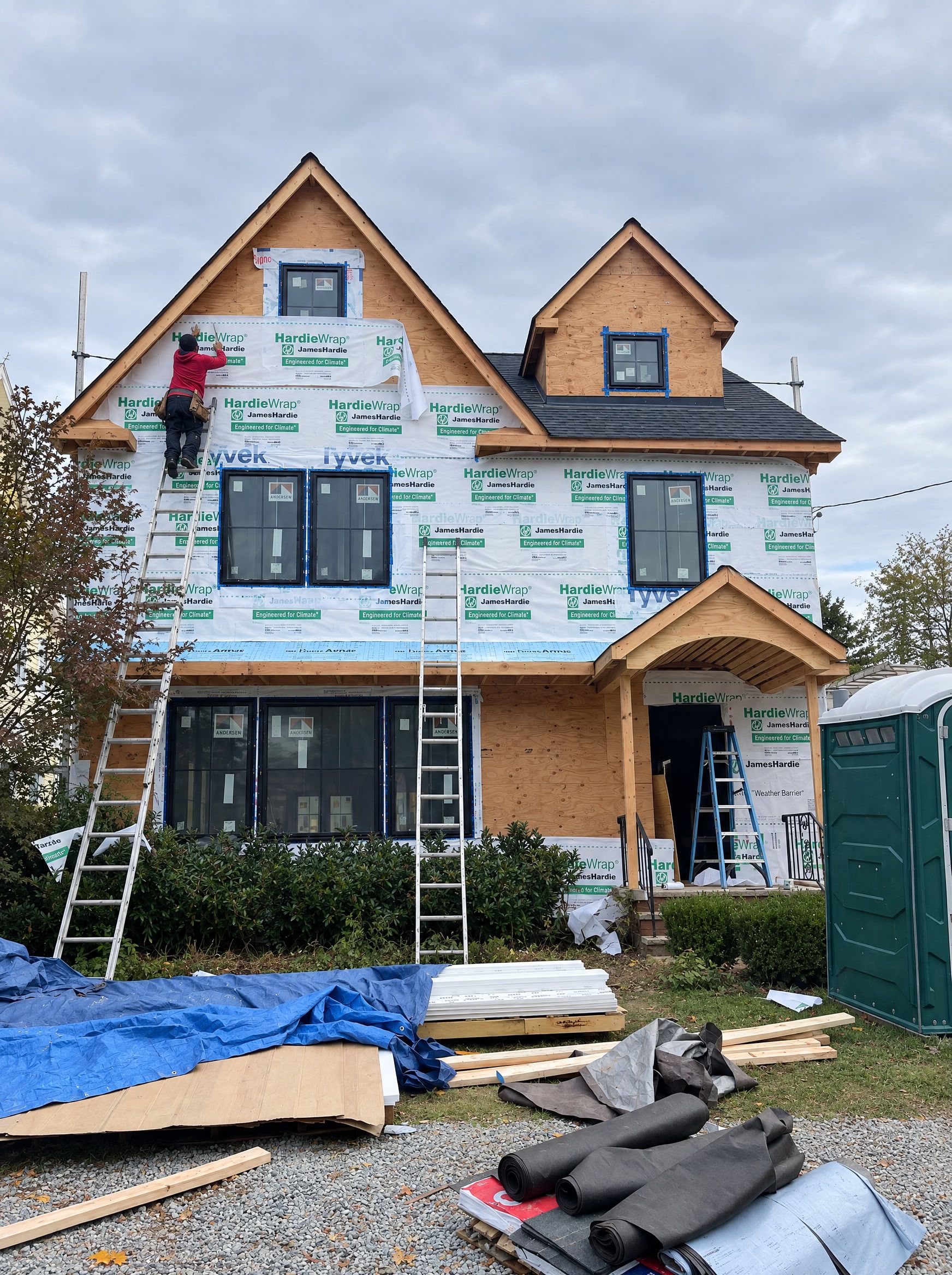 The front of the house in white house wrap with the new black windows in and the porch framed
