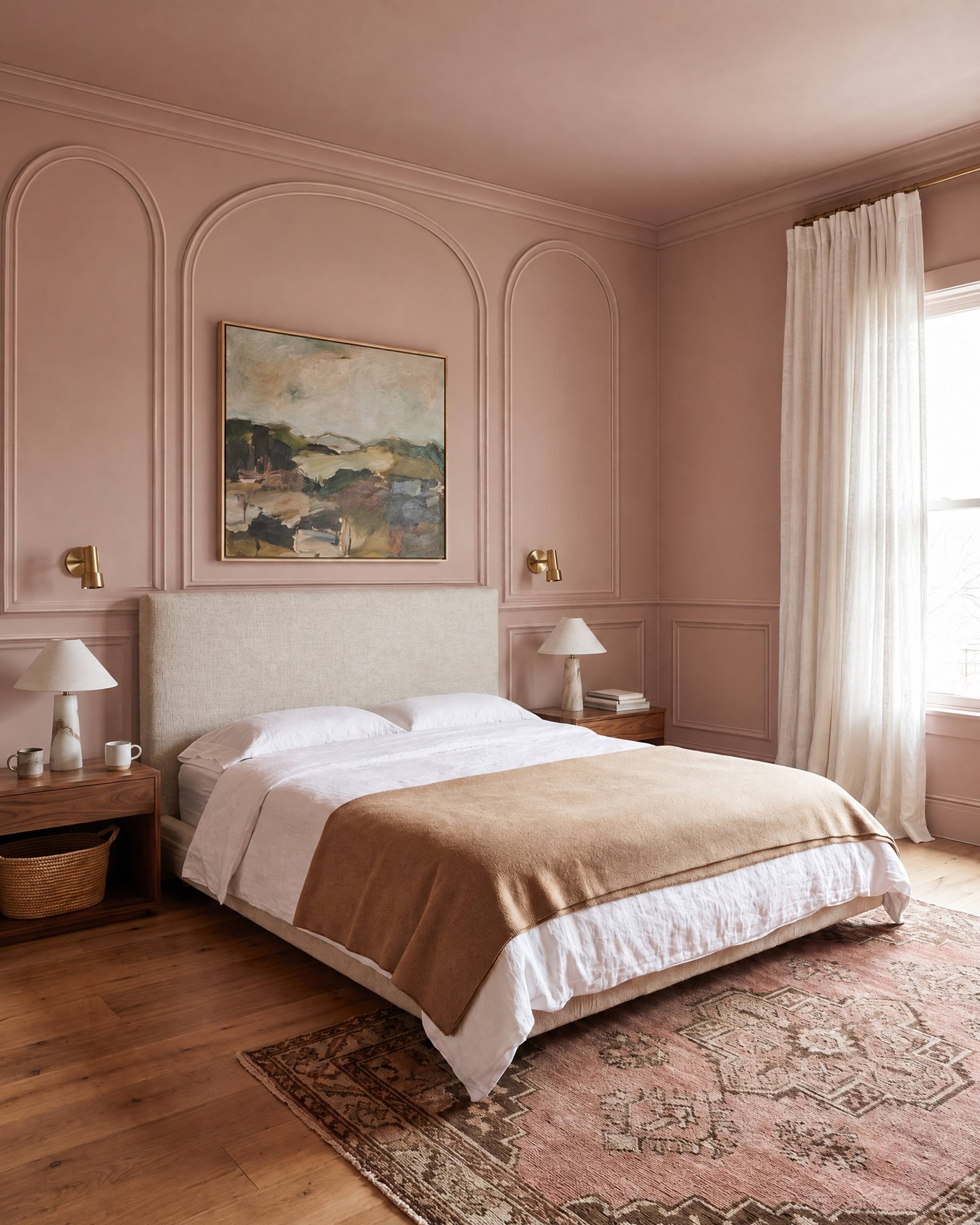 A plaster-pink bedroom with a linen headboard and a landscape painting, three tall arched panels of molding on the wall, the widest around the painting over the bed, with a crown above