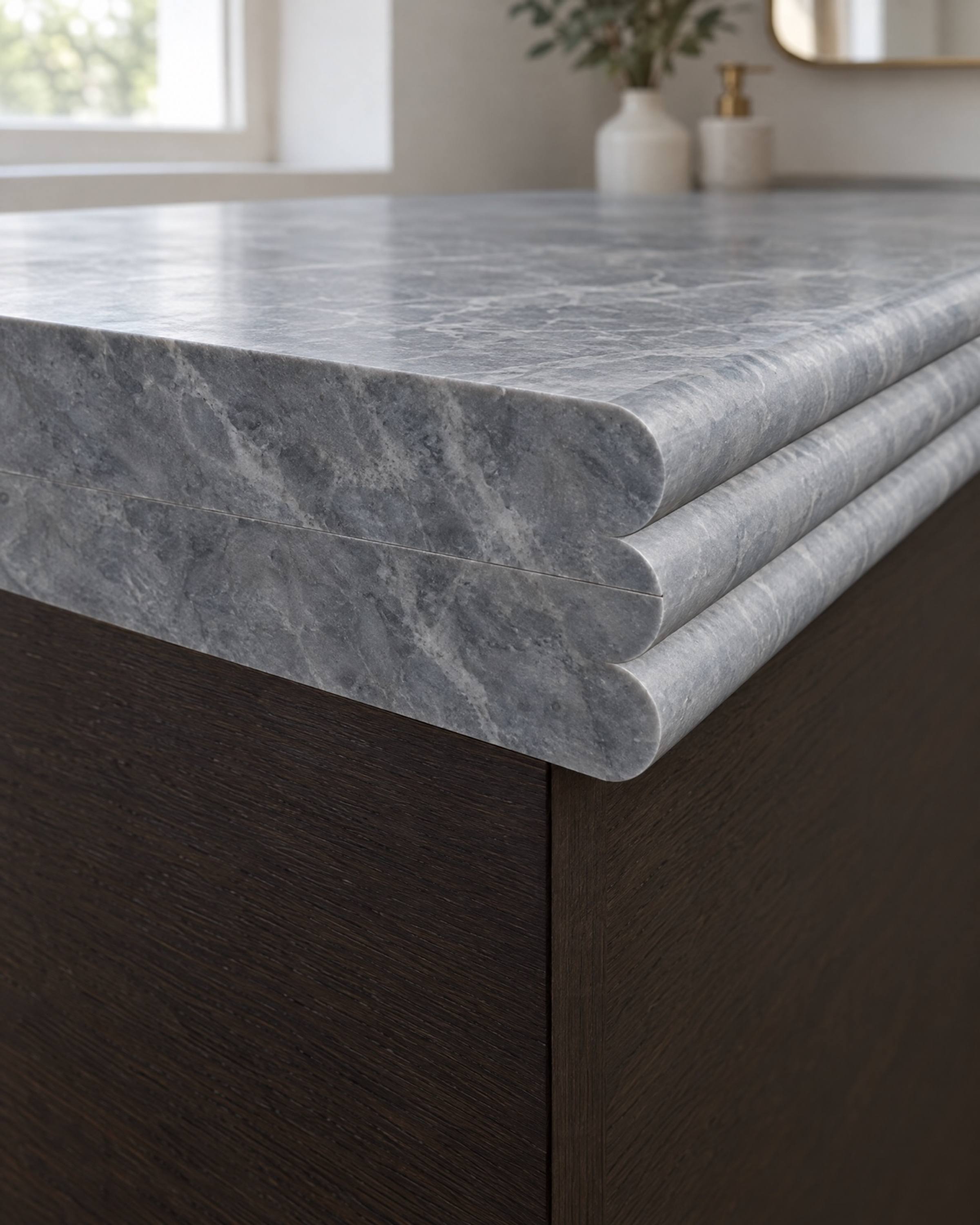 The cut end of a blue-grey marble vanity top showing a triple bullnose in section: three stacked rounded layers