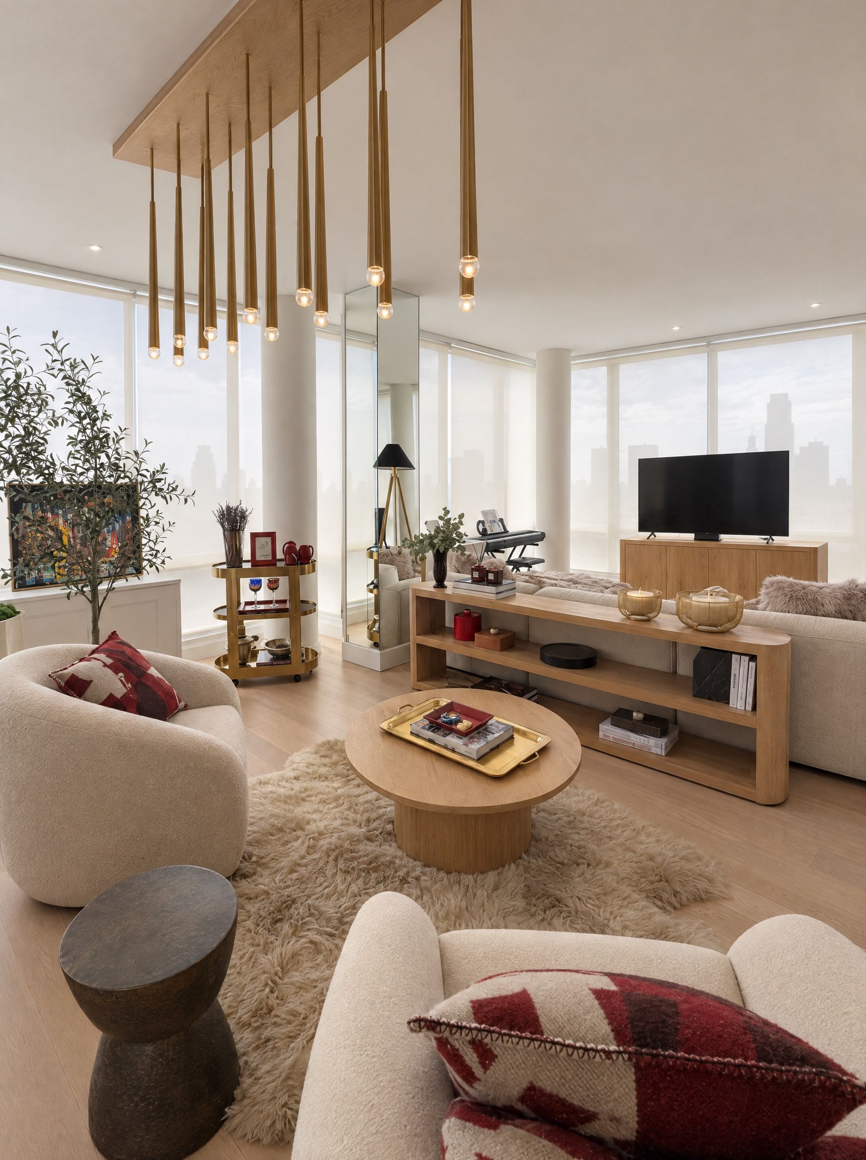 Seating area under the oak canopy and brass pendant rods, with the olive tree and the brass bar cart