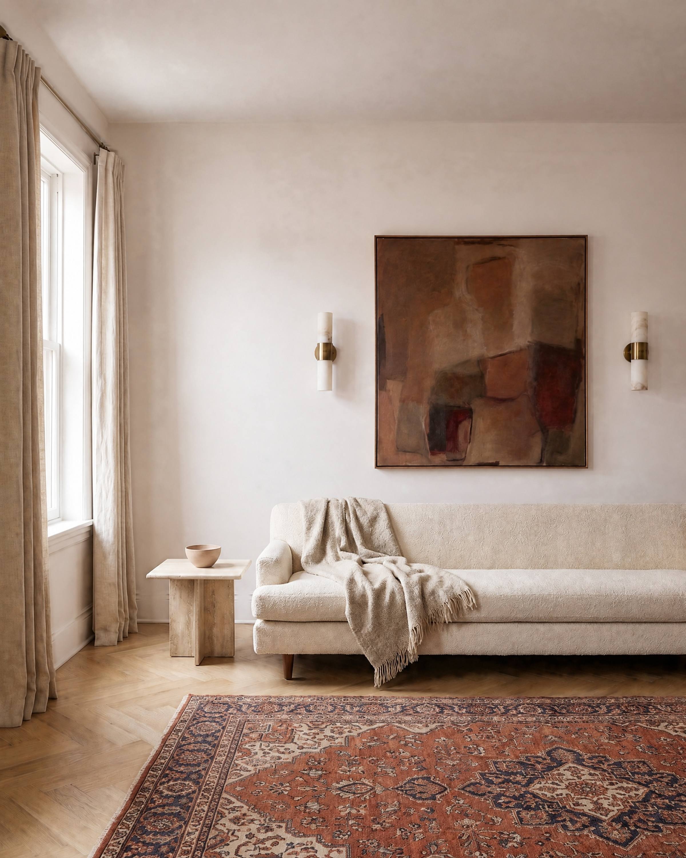 The same warm white living room with plain walls meeting the ceiling at a sharp corner