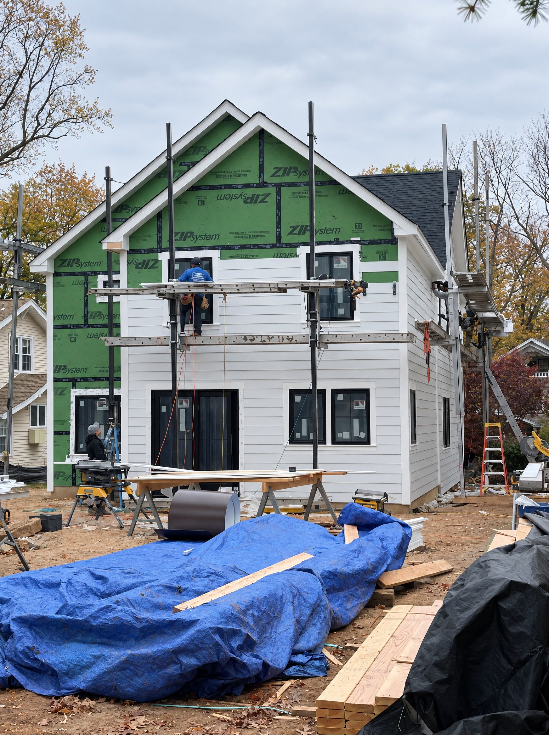 The rear gable in green sheathing with the first courses of white siding going on