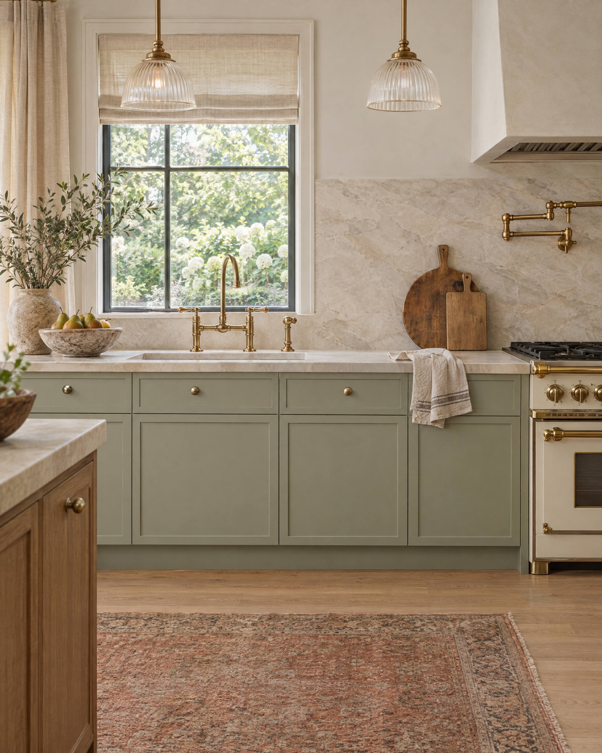 A kitchen run with frameless slim shaker doors painted sage green, each front with its own one-inch frame, small brass knobs, a honed Taj Mahal quartzite counter, a brass bridge faucet under a window and a cream range