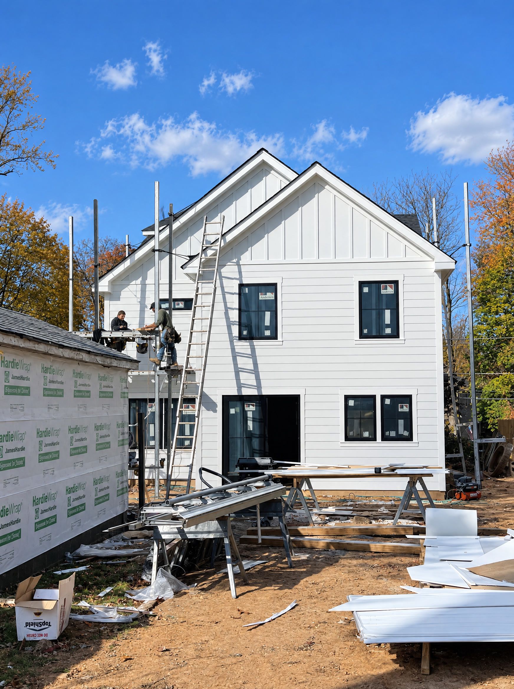 The rear elevation sided in white under a blue sky, two carpenters on the staging