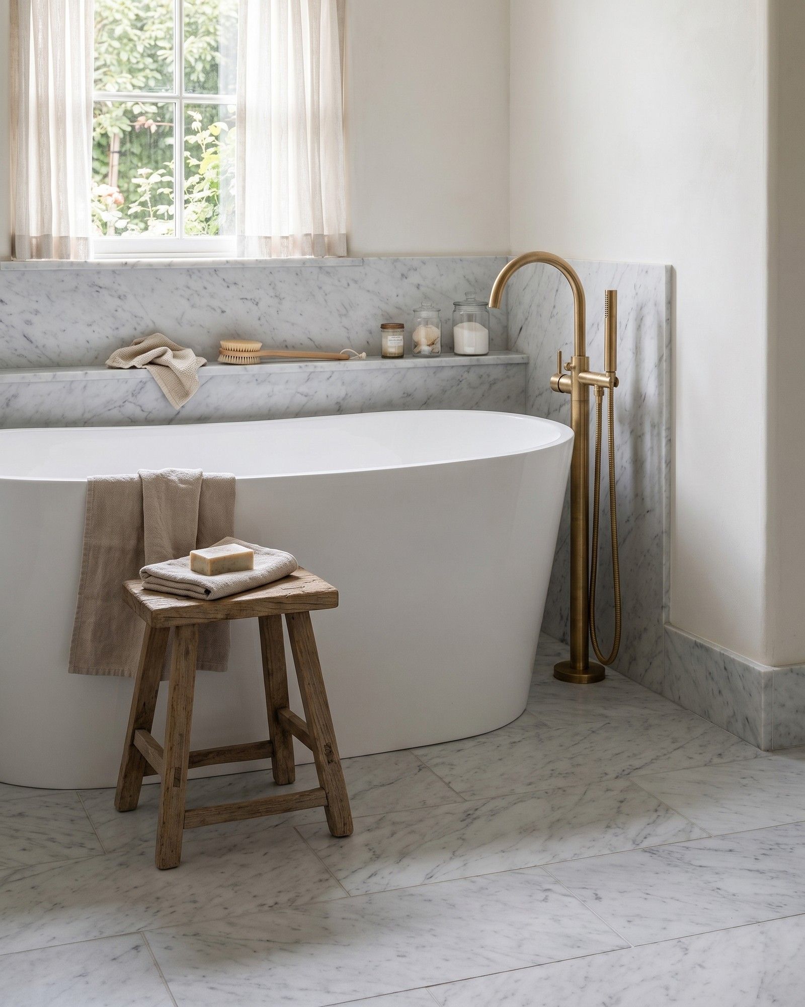 A bathroom with honed Carrara marble on the floor and as a wainscot behind a white freestanding tub, an oak stool beside it