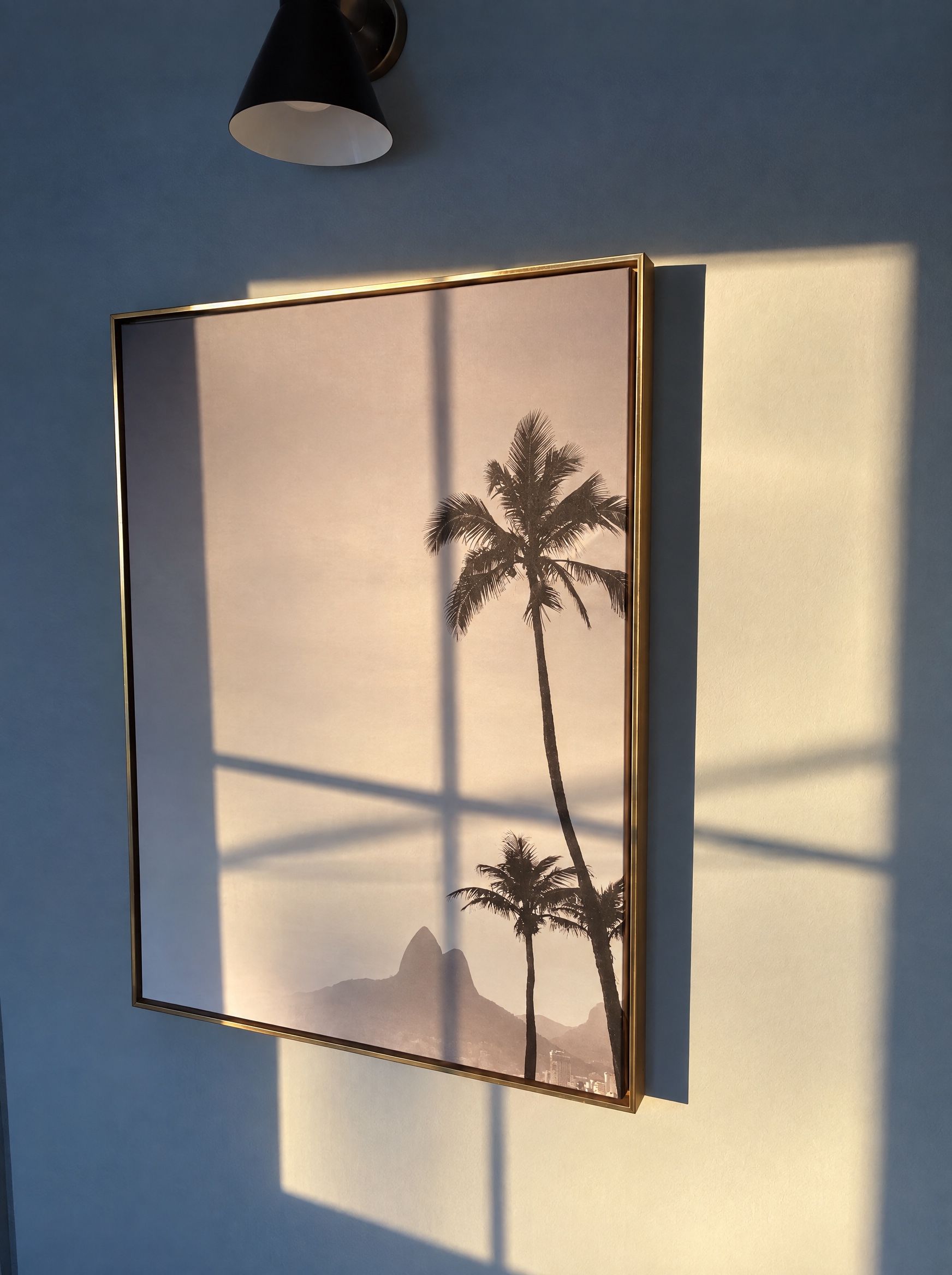A framed palm-tree print with late sun and window shadows across it