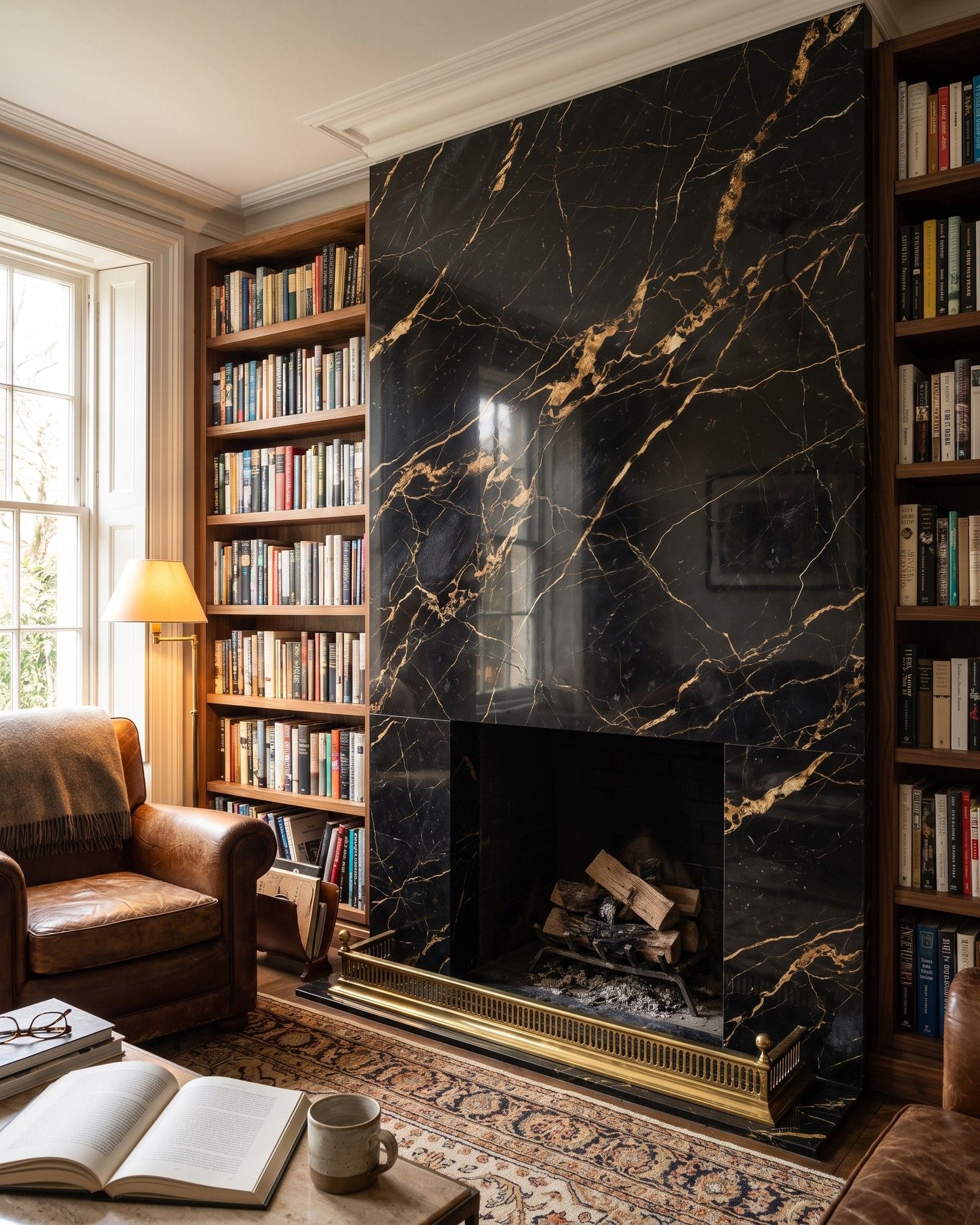 A study fireplace with a polished Portoro marble surround, black with gold veins, between walnut bookshelves