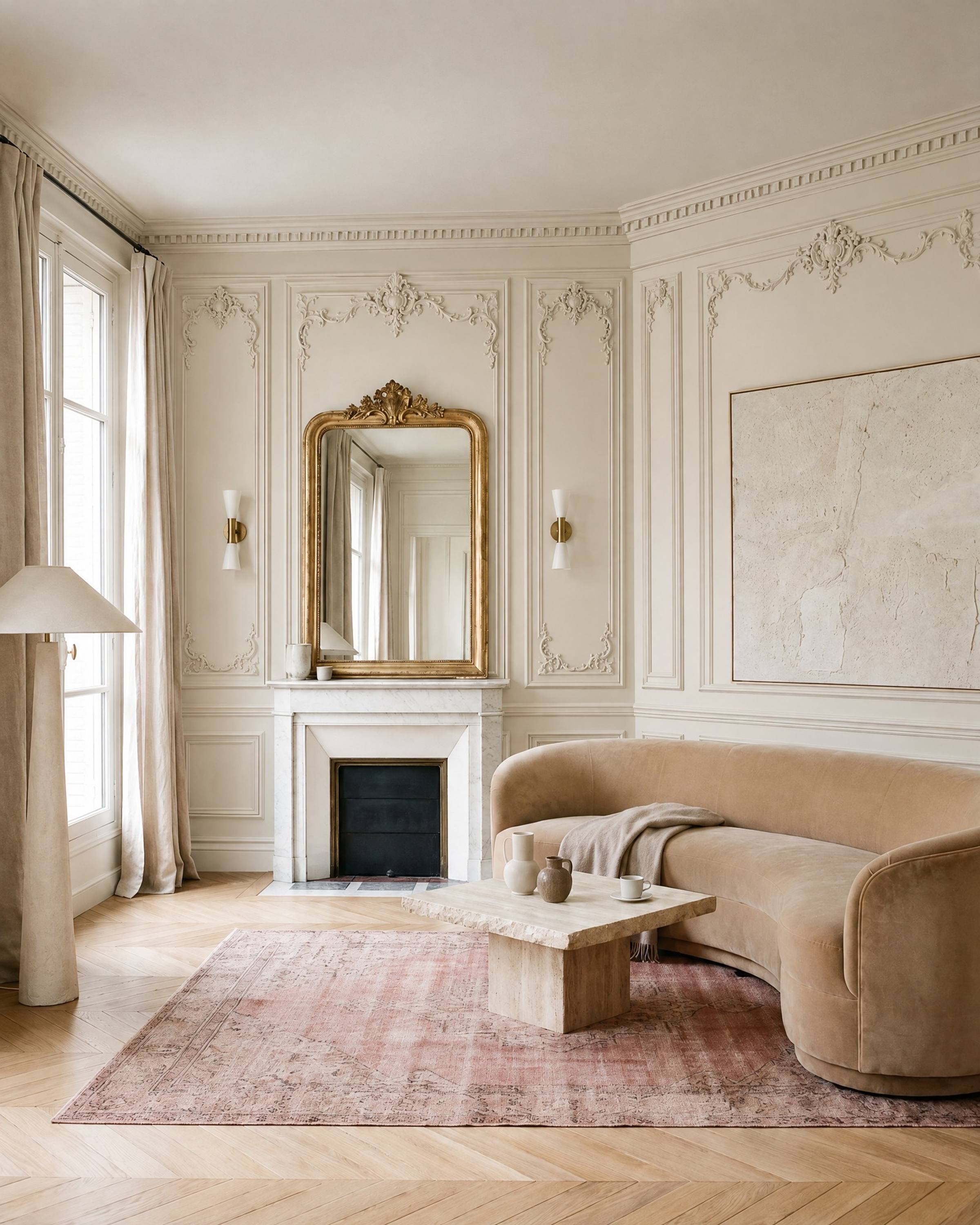 A warm white Paris-style salon with a marble fireplace and a gilt mirror, ornate panels of molding with carved rococo corners and crests laid out around the mirror and the sconces, with a deep dentil cornice above