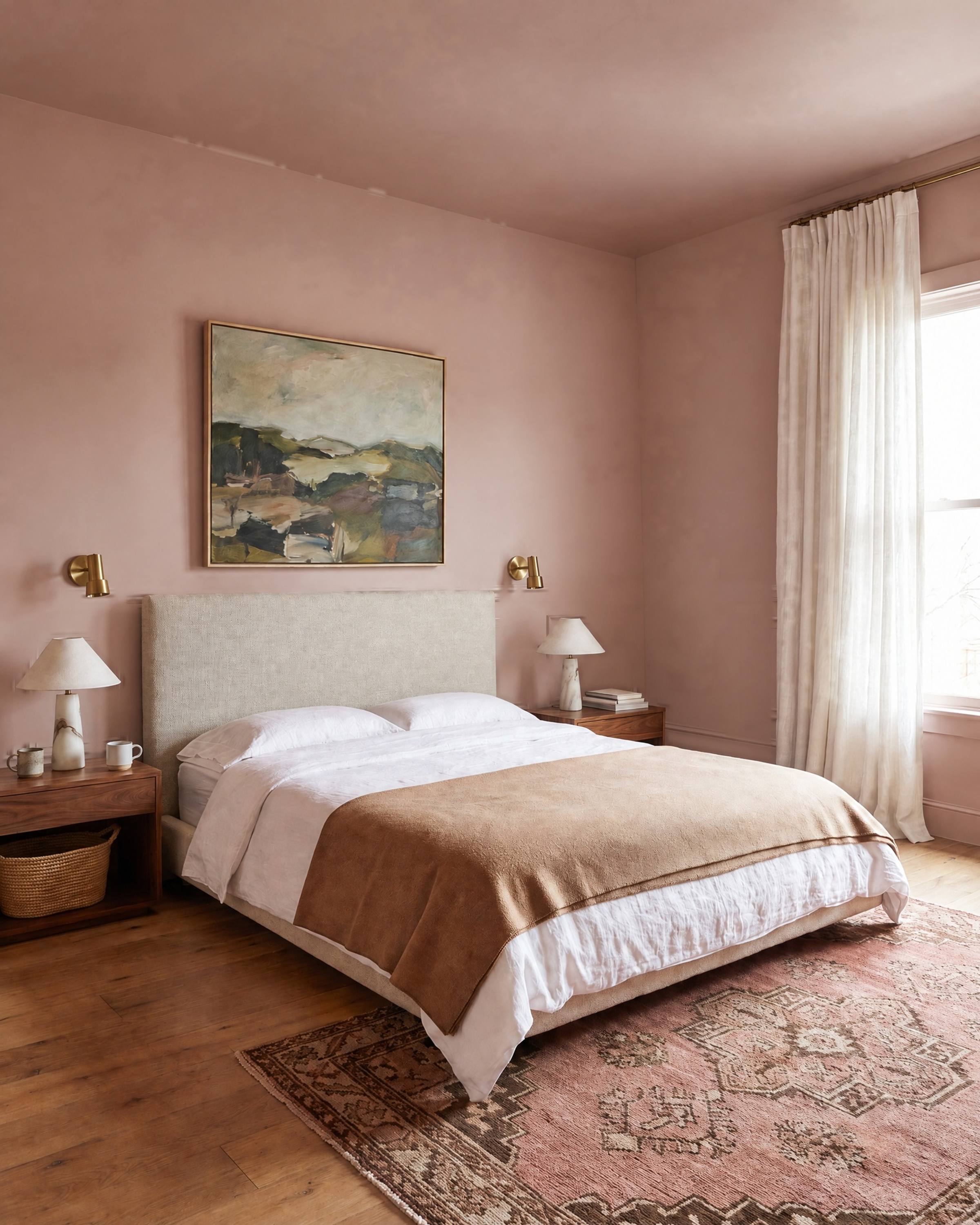 The same plaster-pink bedroom with plain walls