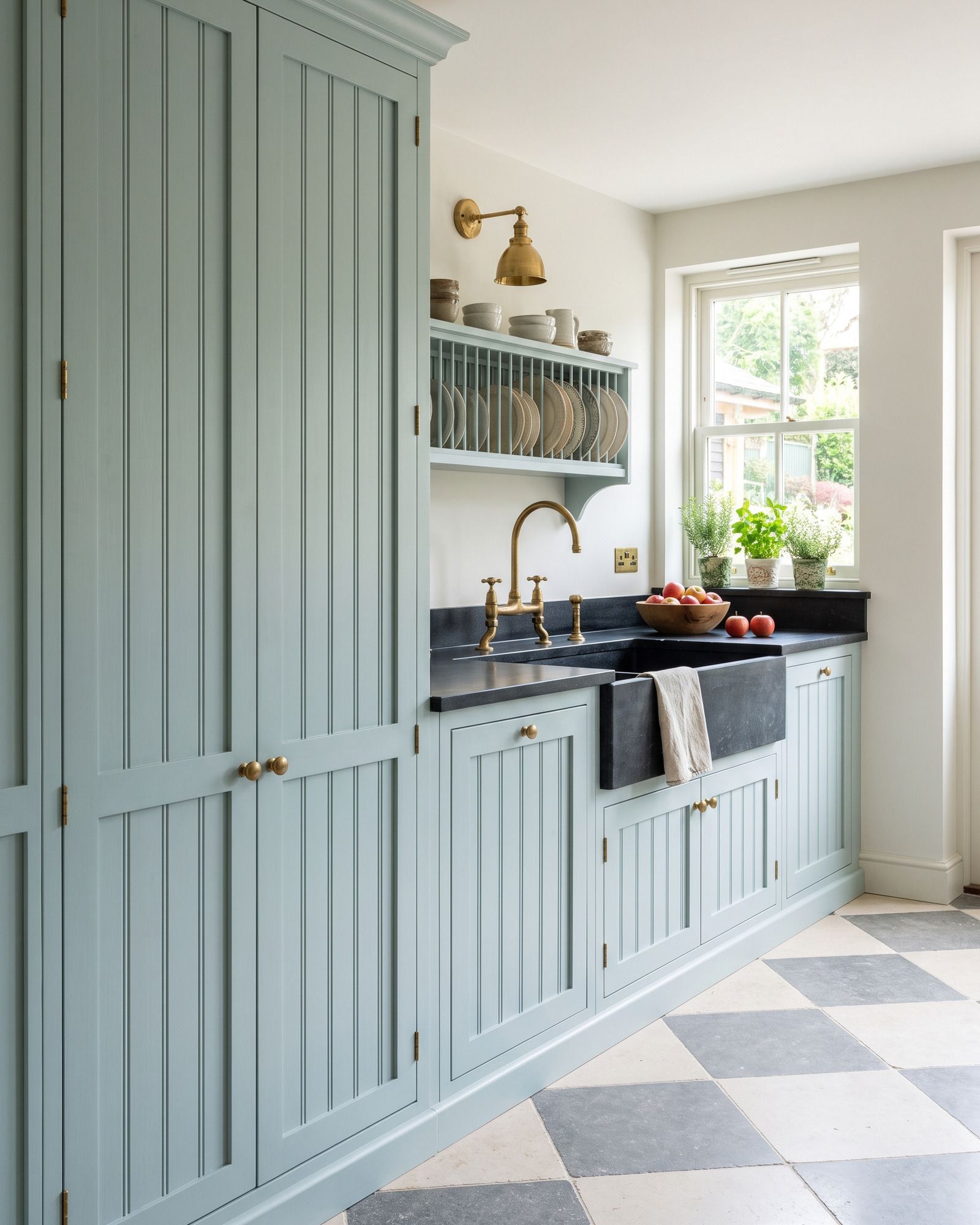 A scullery with inset beadboard doors painted pale blue-green, brass knobs and butt hinges, a black soapstone counter and farmhouse sink, a plate rack above