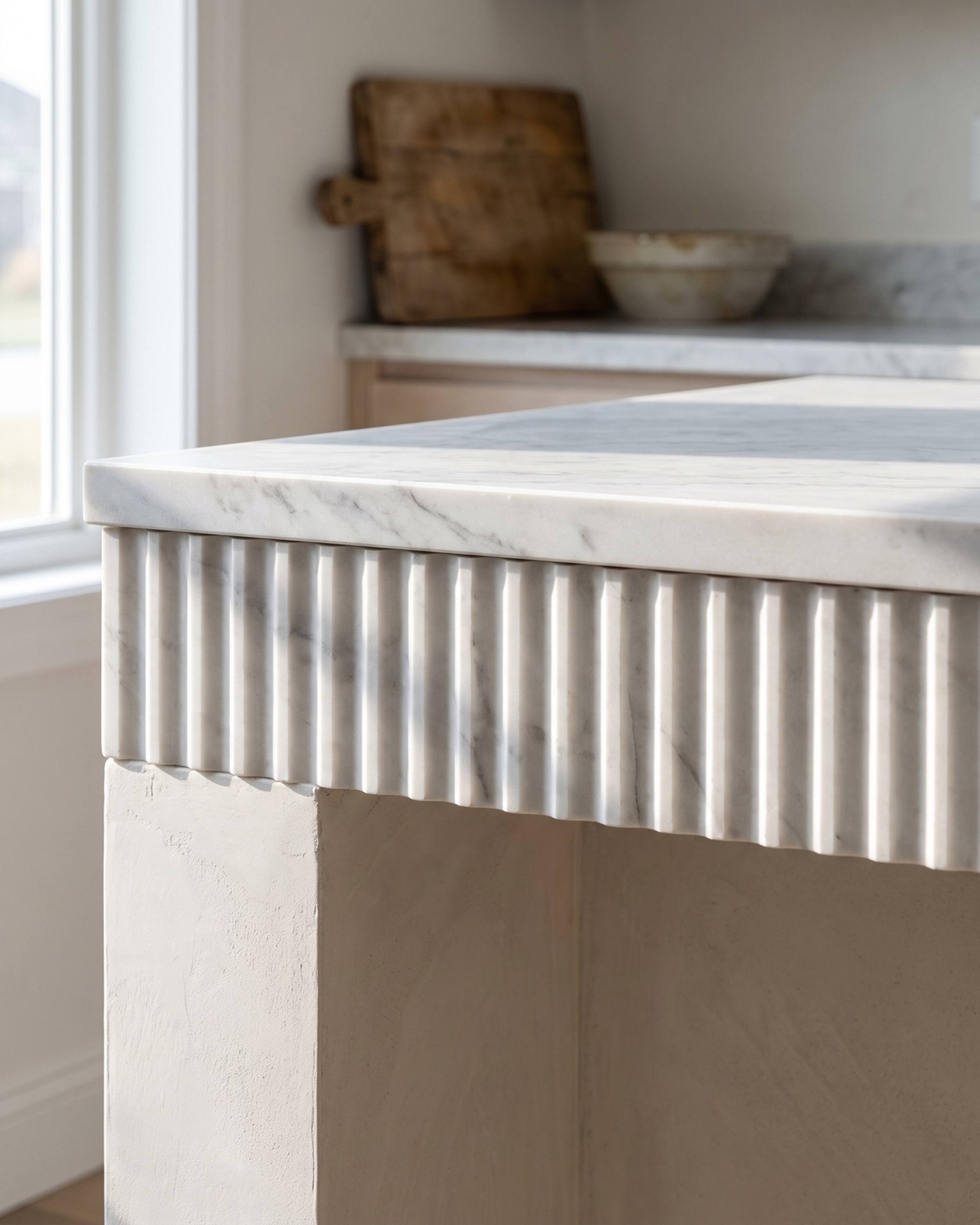 A marble island with a deep apron carved in vertical concave grooves