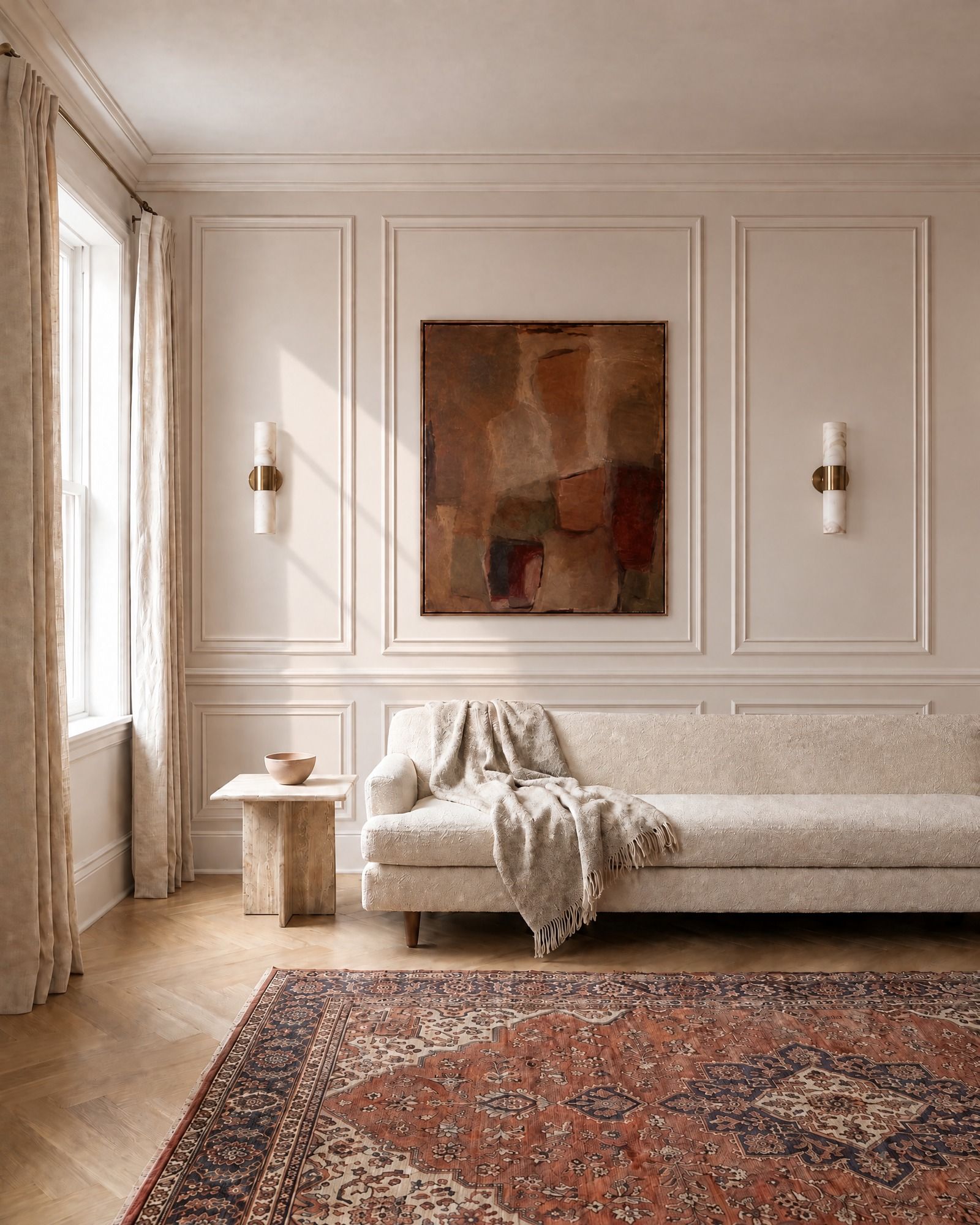 A warm white living room with an ivory sofa under a large abstract painting, classic panel molding laid out in three bays around the painting and the alabaster sconces, with a crown above