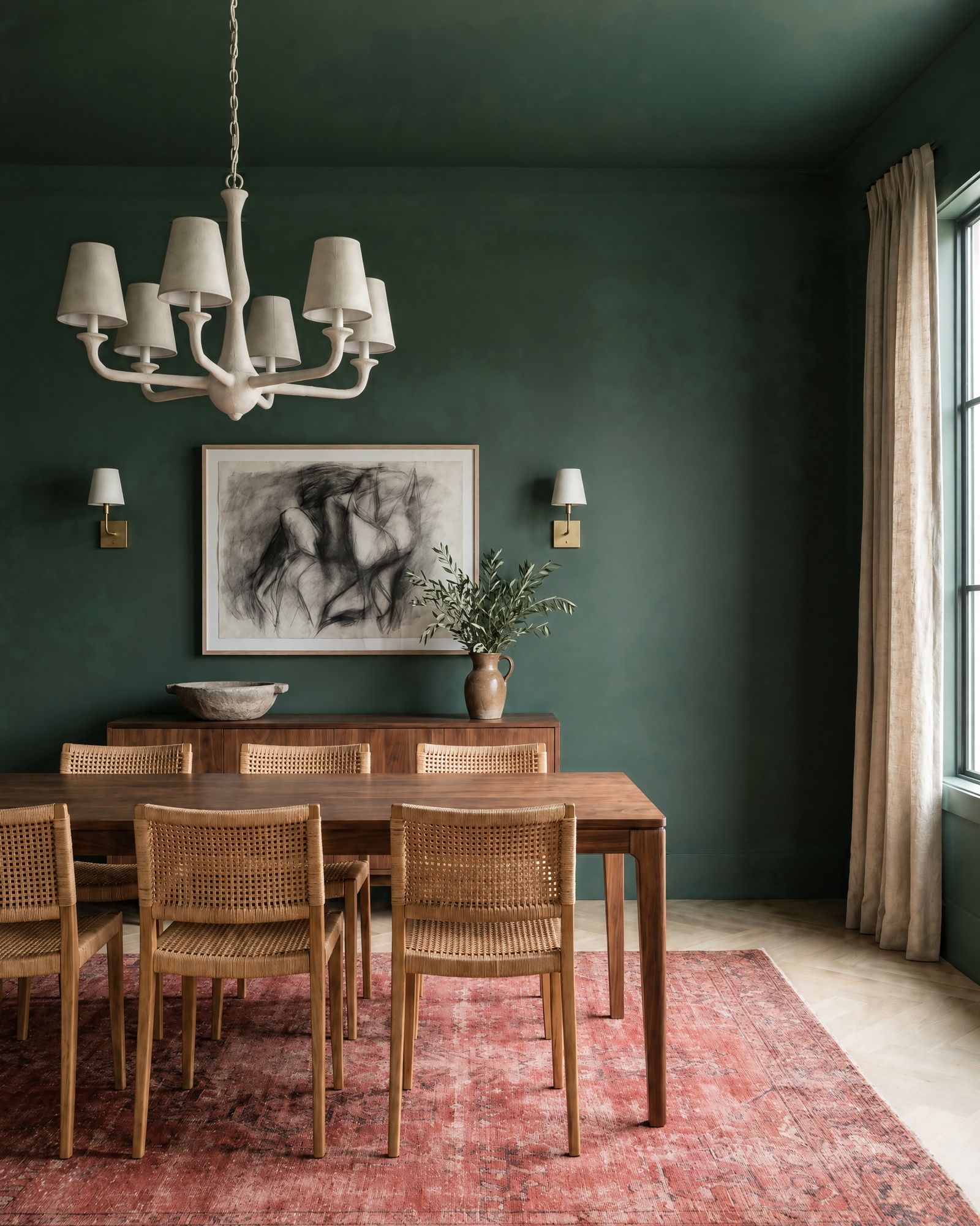 The same deep green dining room with plain walls meeting the ceiling at a sharp corner