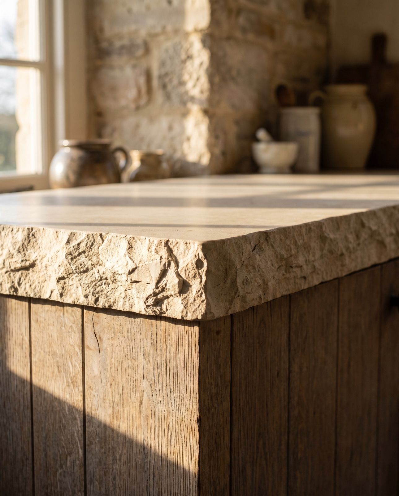 A thick limestone countertop with a rough, hand-broken front edge over weathered oak