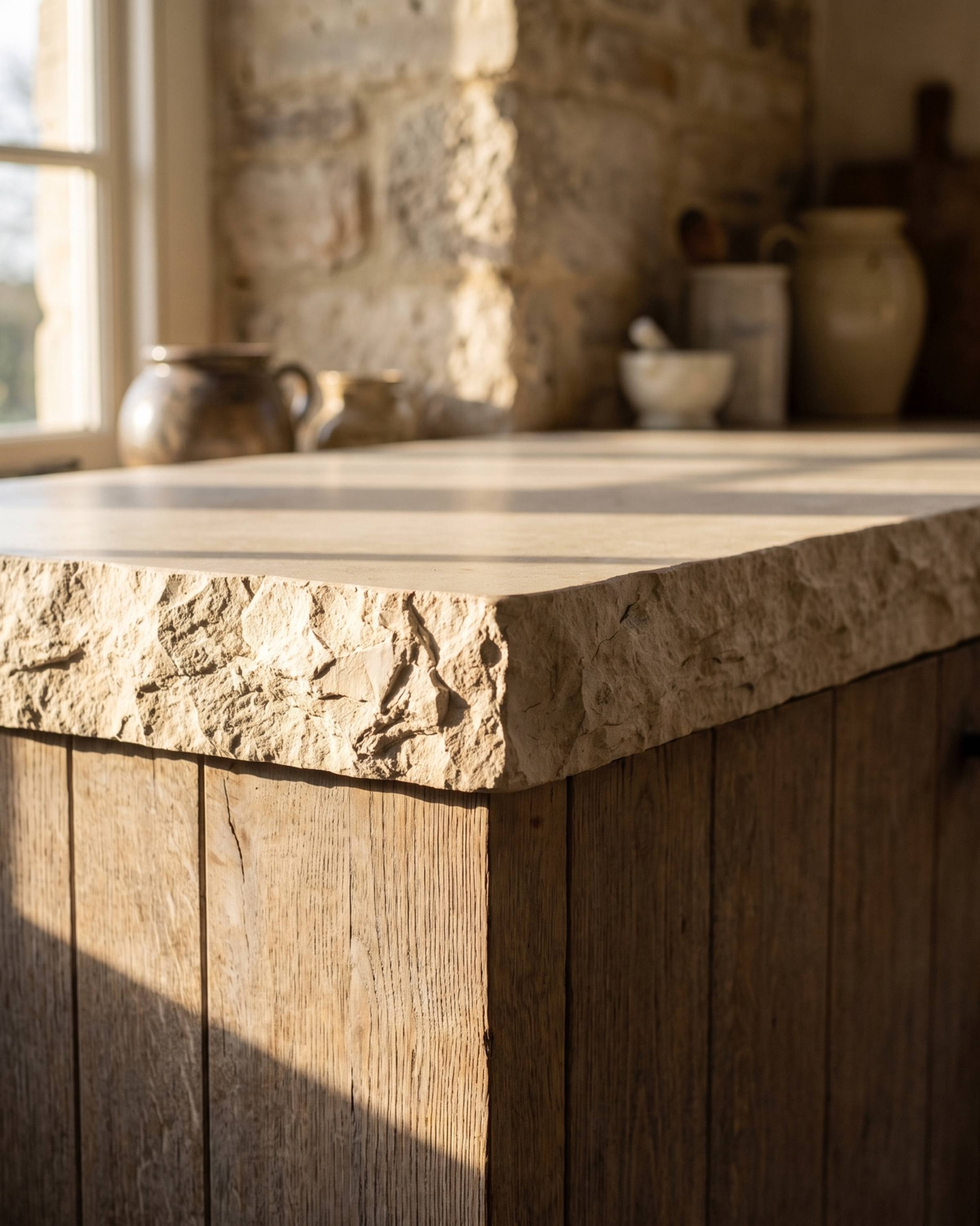 A thick limestone countertop with a rough, hand-broken front edge over weathered oak