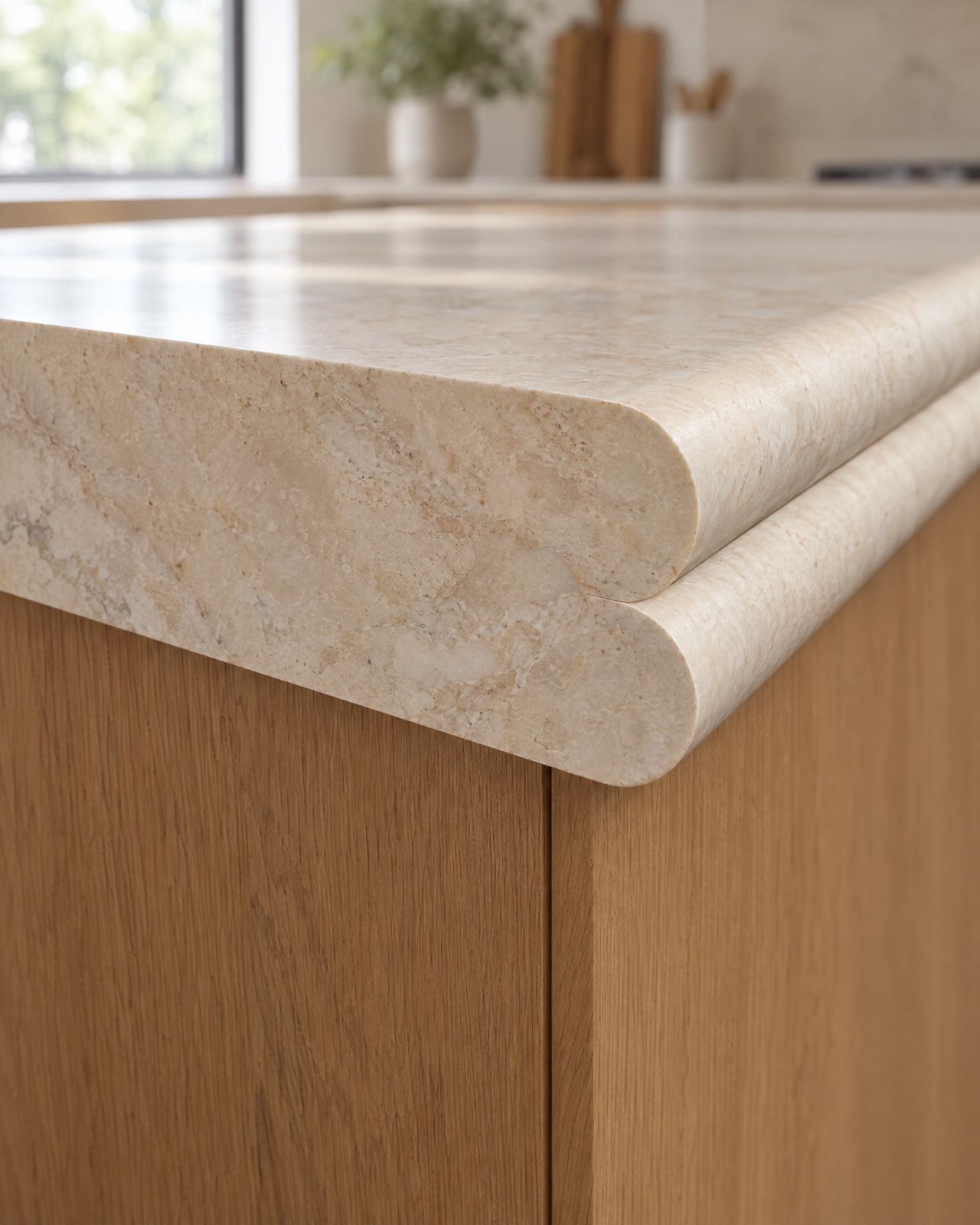 The cut end of a cream marble countertop showing a double bullnose in section: two rounded layers, one above the other