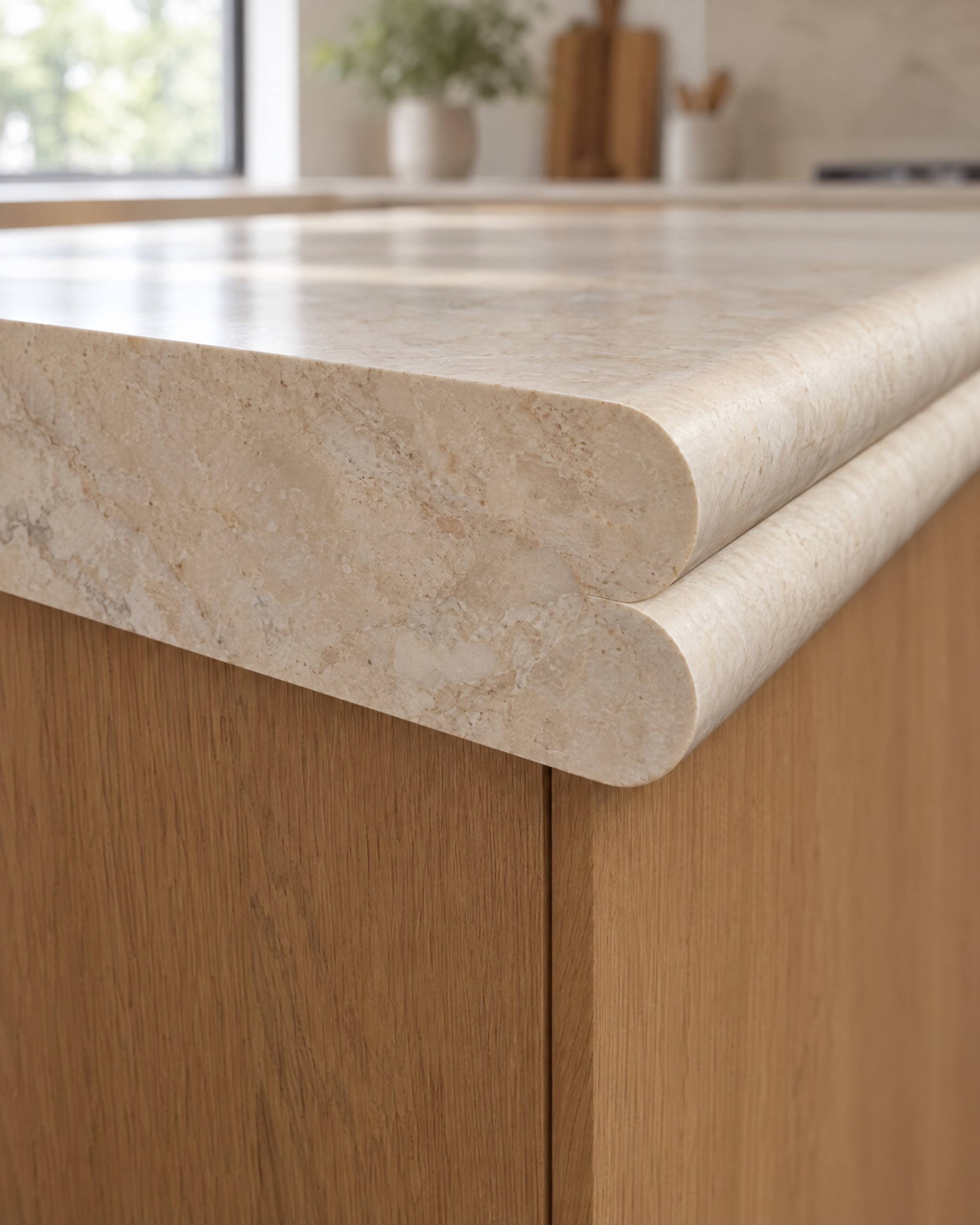 The cut end of a cream marble countertop showing a double bullnose in section: two rounded layers, one above the other
