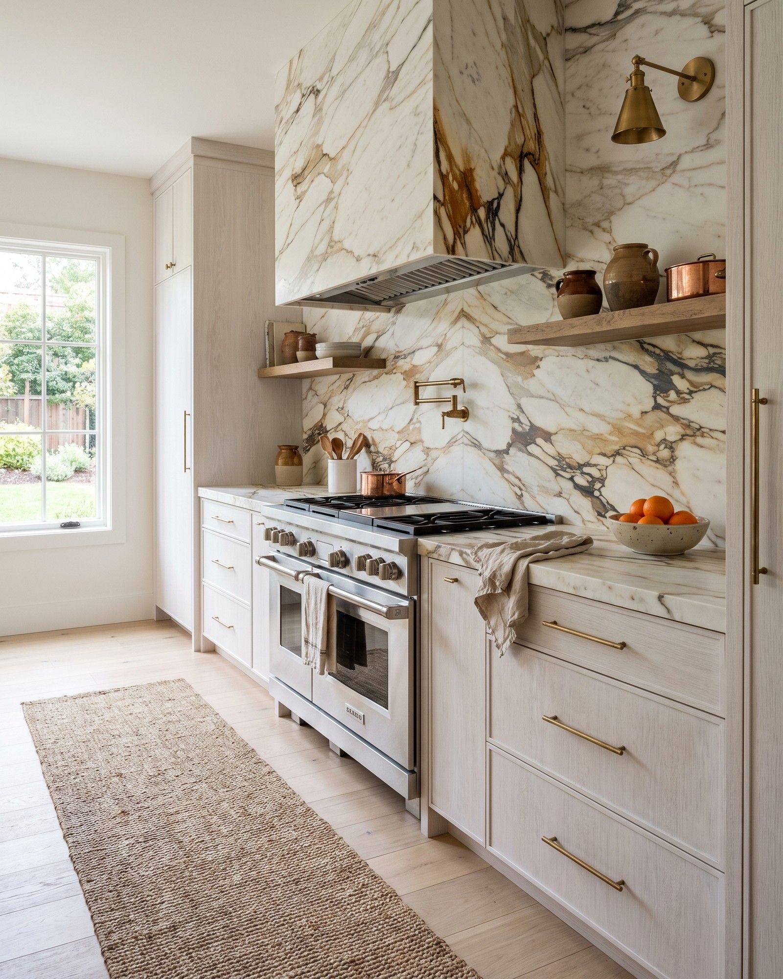 A kitchen range wall with a backsplash, hood and counters in honed Calacatta Monet marble, rust-gold and charcoal veins on cream, white-washed oak cabinets