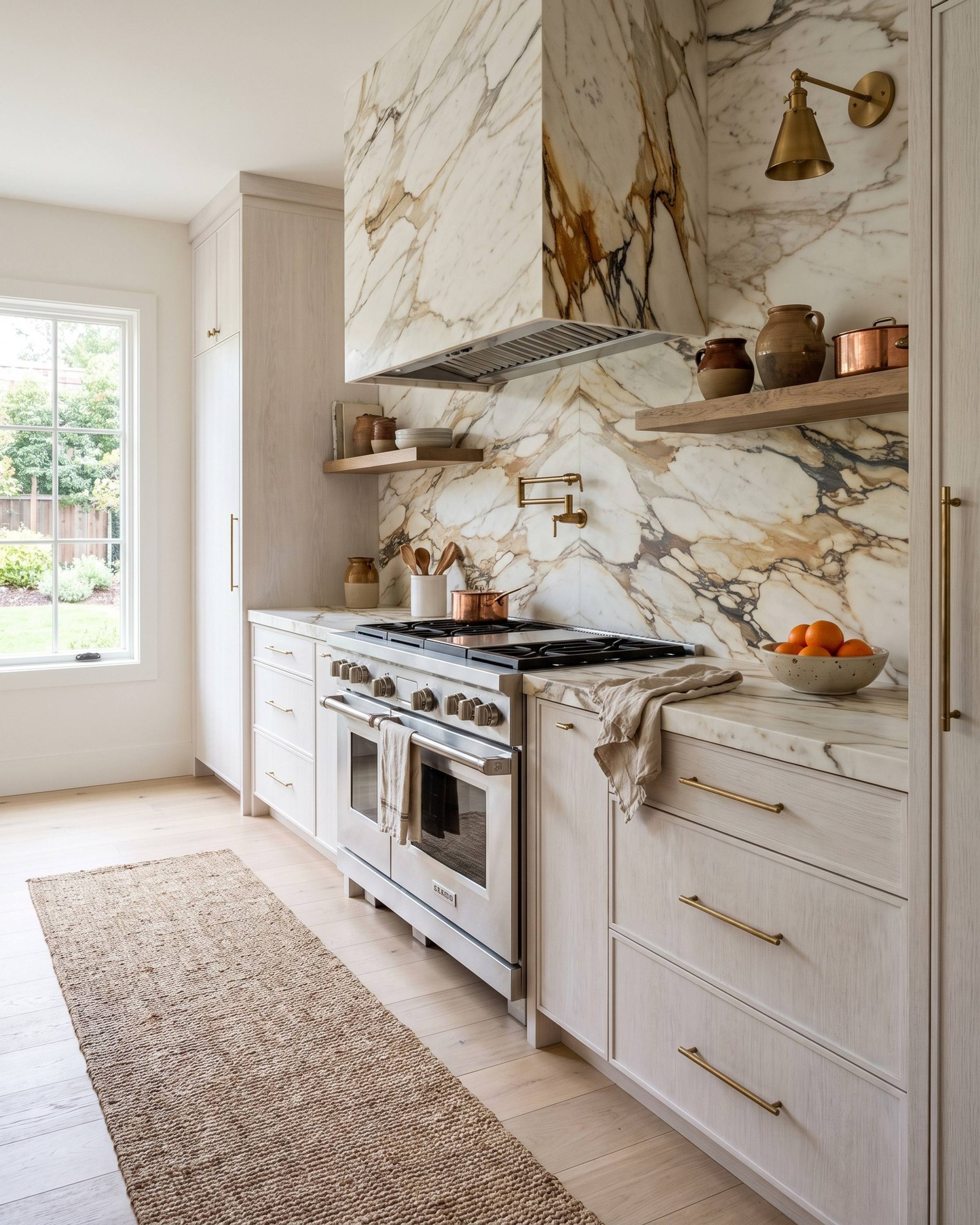 A kitchen range wall with a backsplash, hood and counters in honed Calacatta Monet marble, rust-gold and charcoal veins on cream, white-washed oak cabinets