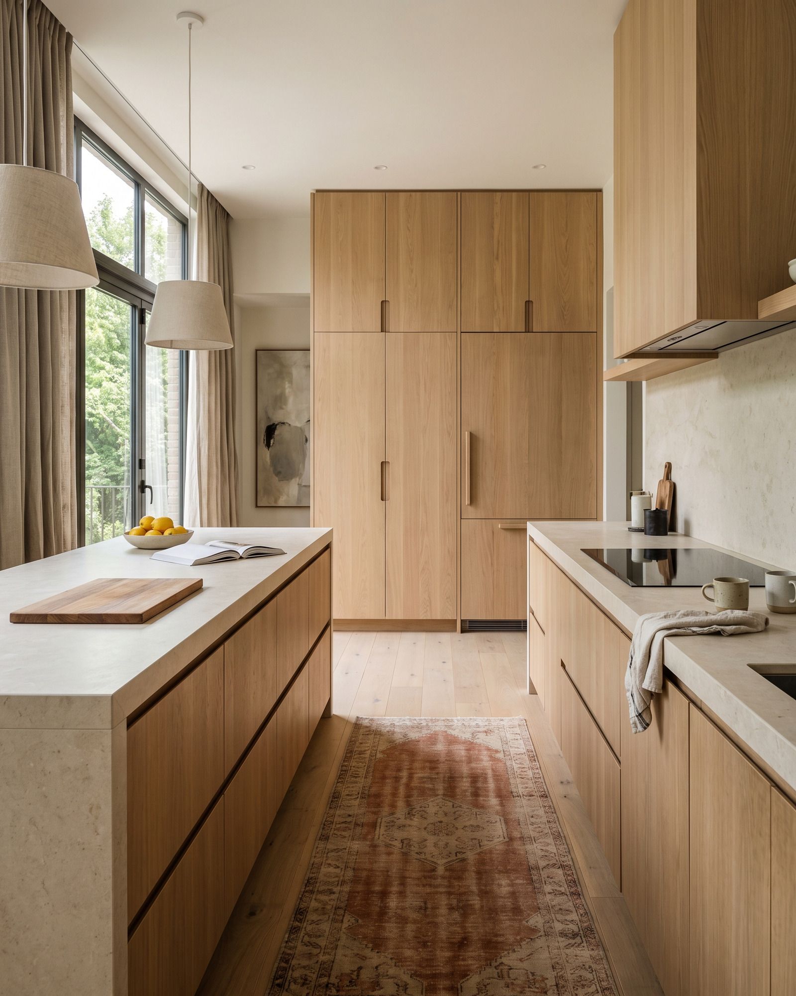 A modern European kitchen with tall frameless rift oak slab doors, the refrigerator integrated behind matching doors, an oak slab island with a honed limestone top