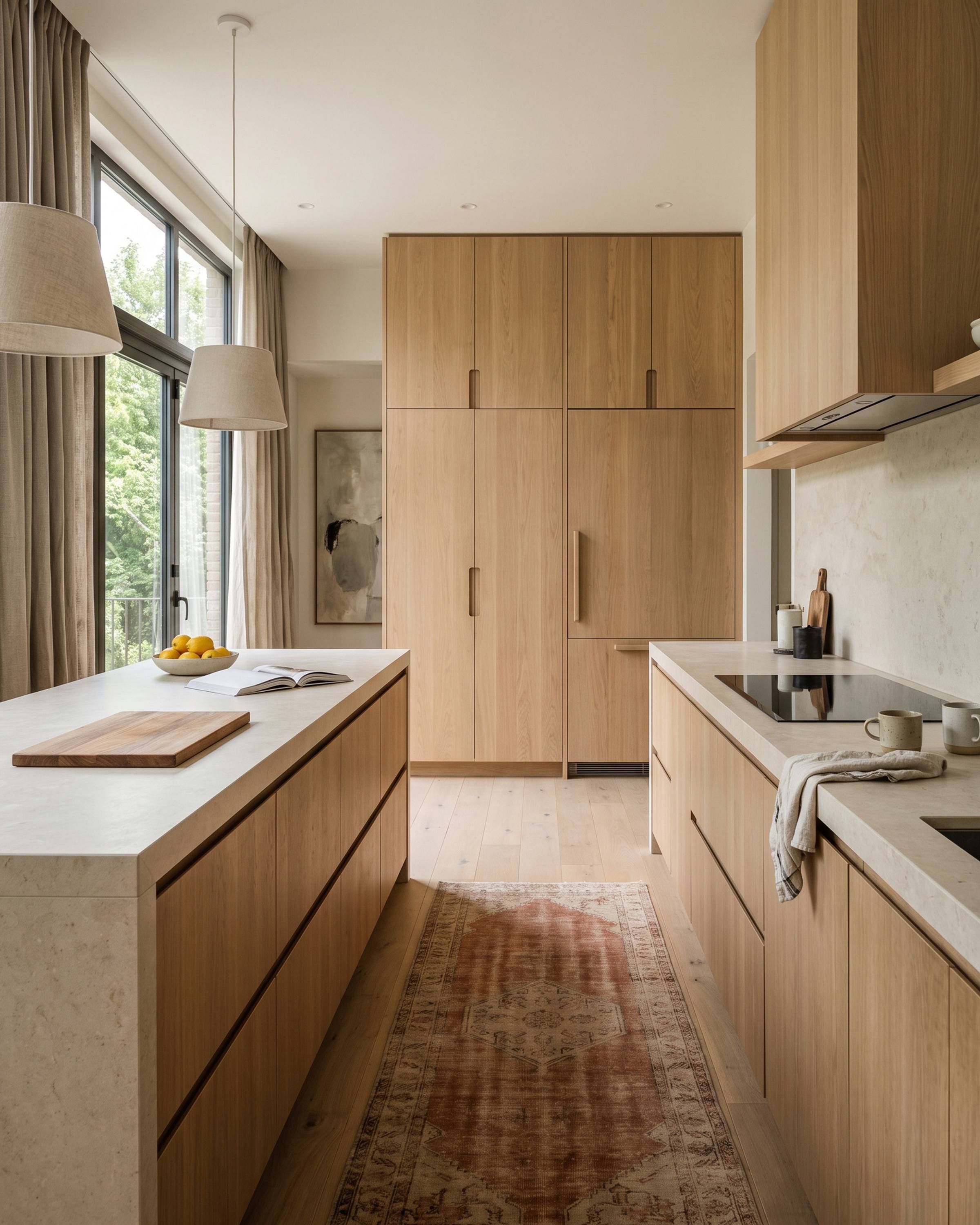 A modern European kitchen with tall frameless rift oak slab doors, the refrigerator integrated behind matching doors, an oak slab island with a honed limestone top