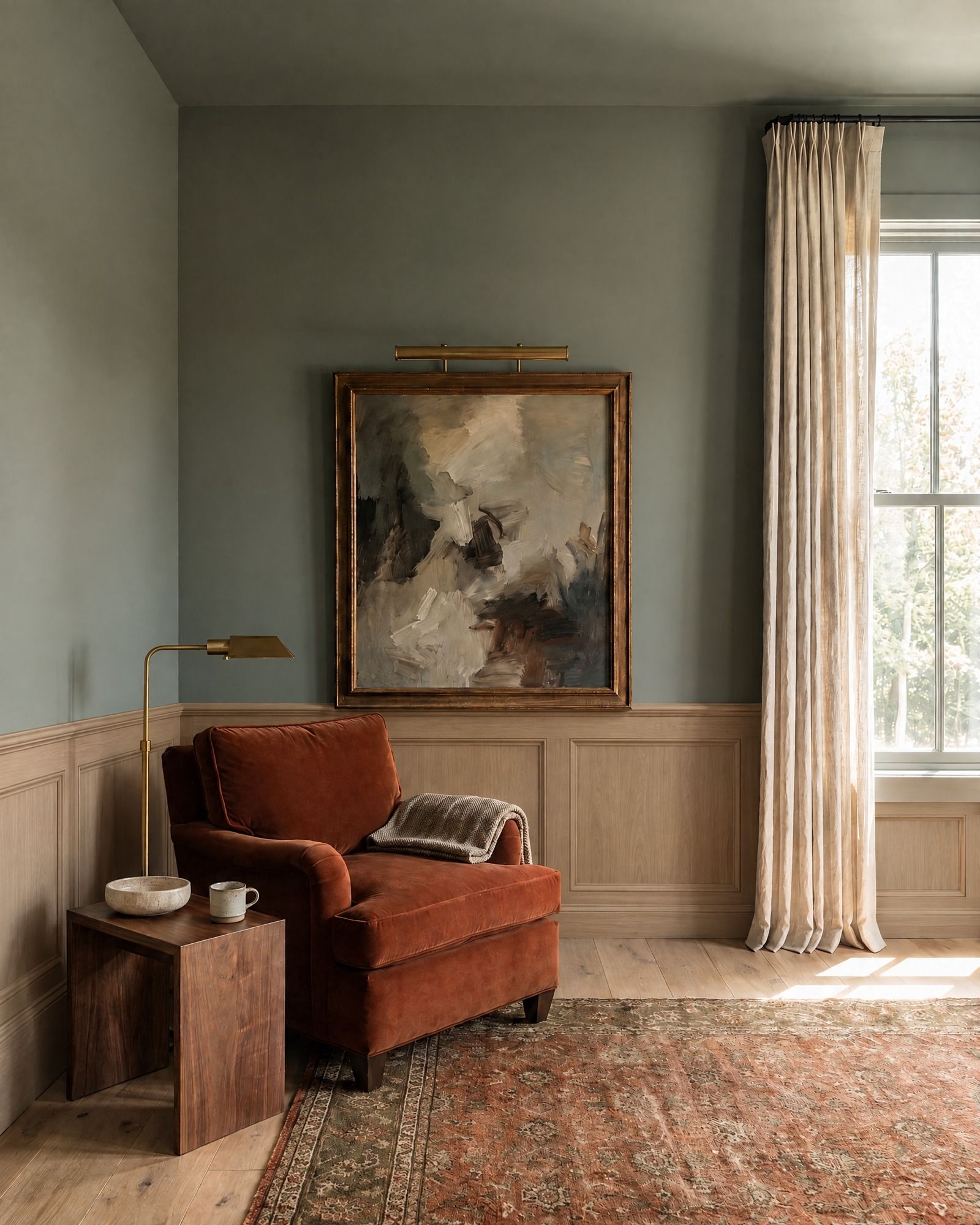 A green-grey library with a rust velvet armchair and a large oil painting, raised-panel wainscoting in pale white oak added to the lower walls under a cap rail