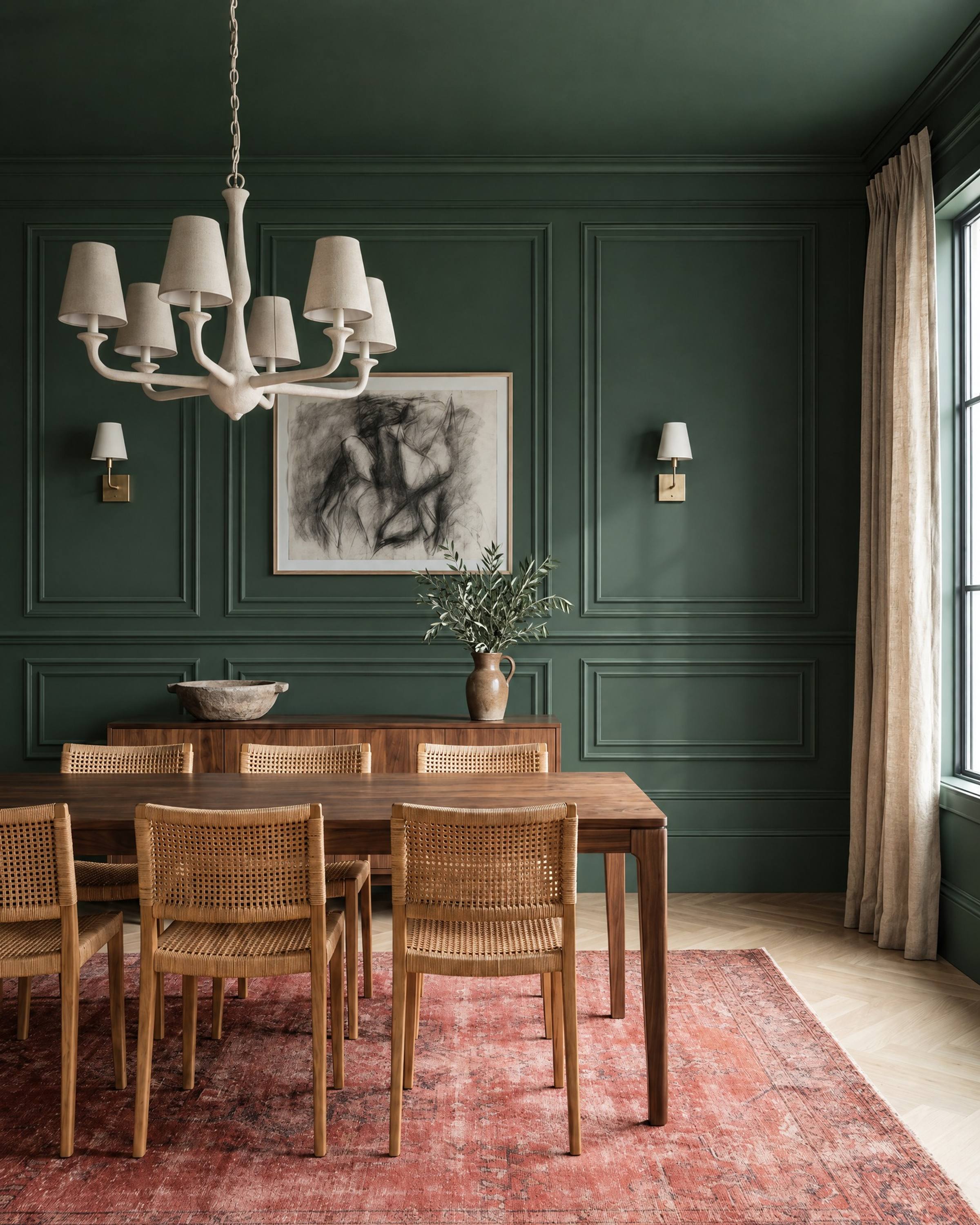 A deep green dining room with a walnut table and cane chairs, double-frame panel molding on the walls around a charcoal drawing and two picture lights, with a crown above