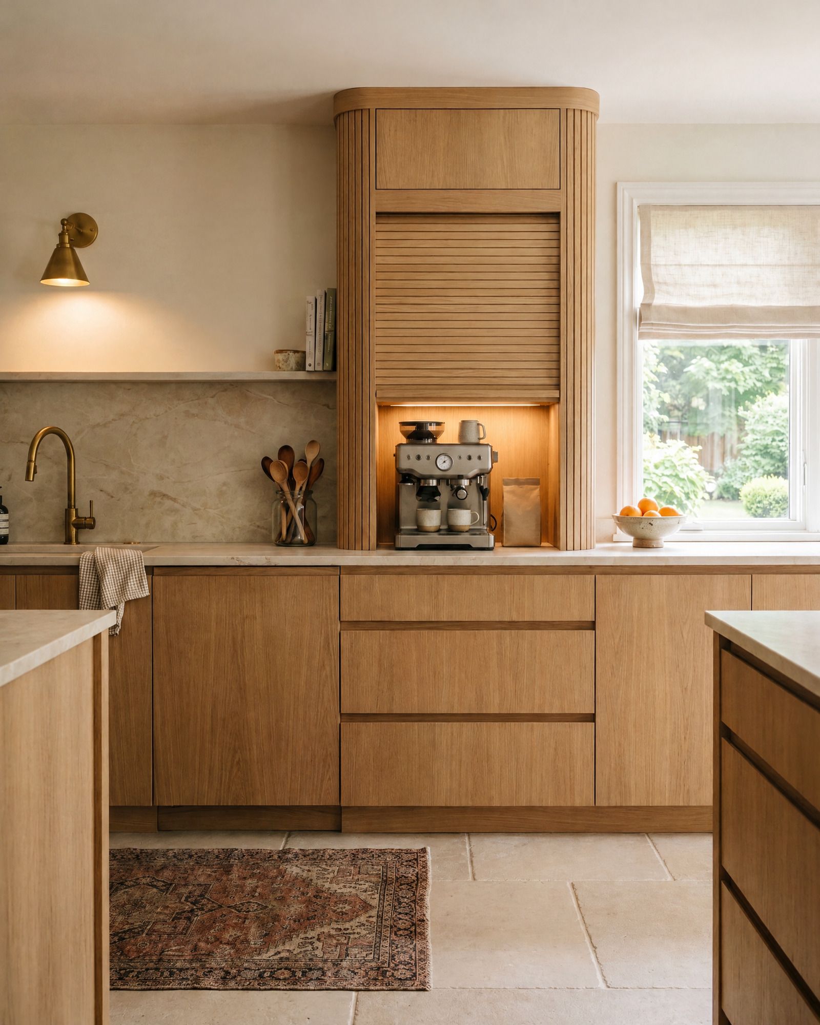 A kitchen appliance garage with a white oak tambour door rolled halfway up over an espresso machine, in a run of rift oak slab cabinets under a cream quartzite counter