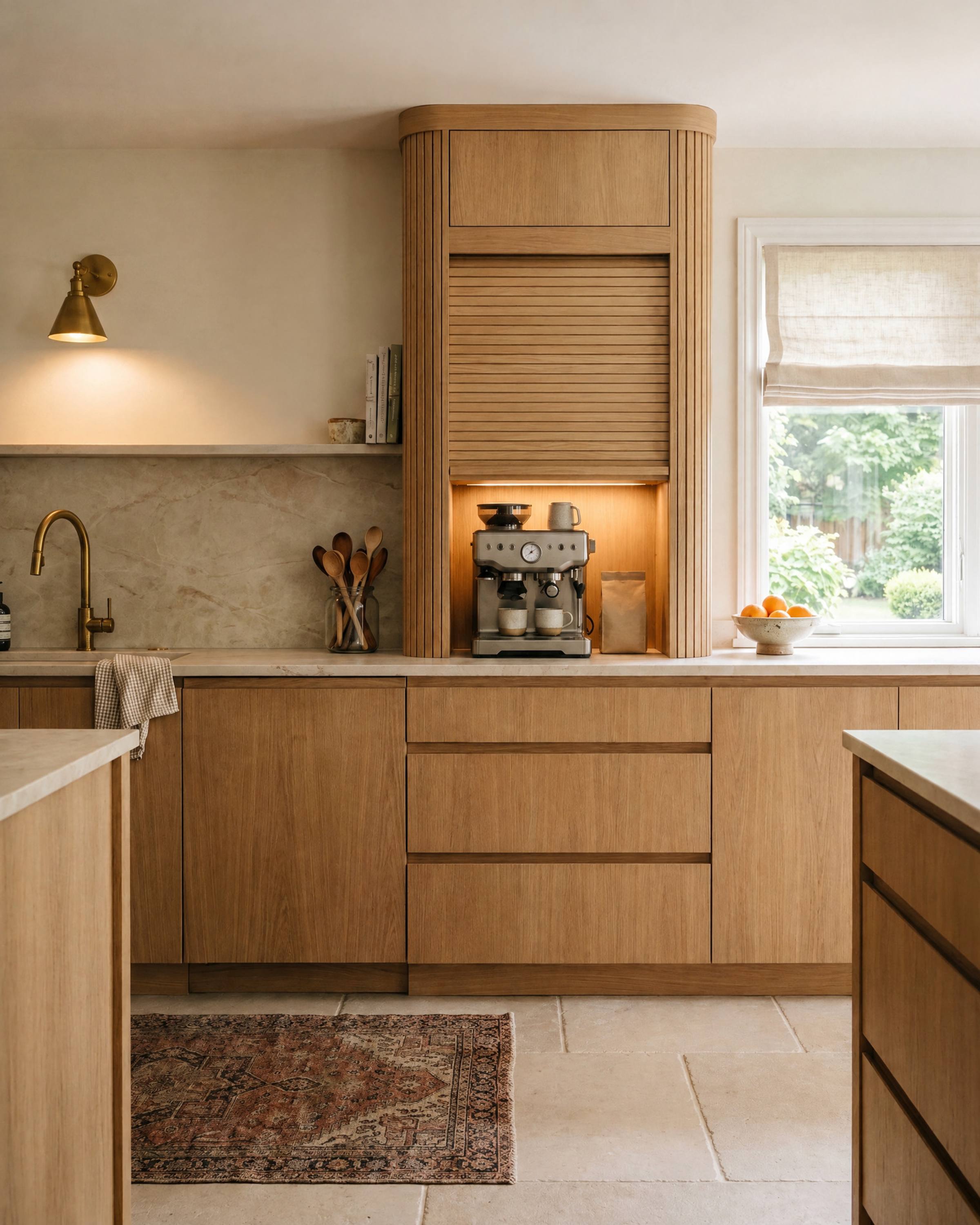 A kitchen appliance garage with a white oak tambour door rolled halfway up over an espresso machine, in a run of rift oak slab cabinets under a cream quartzite counter