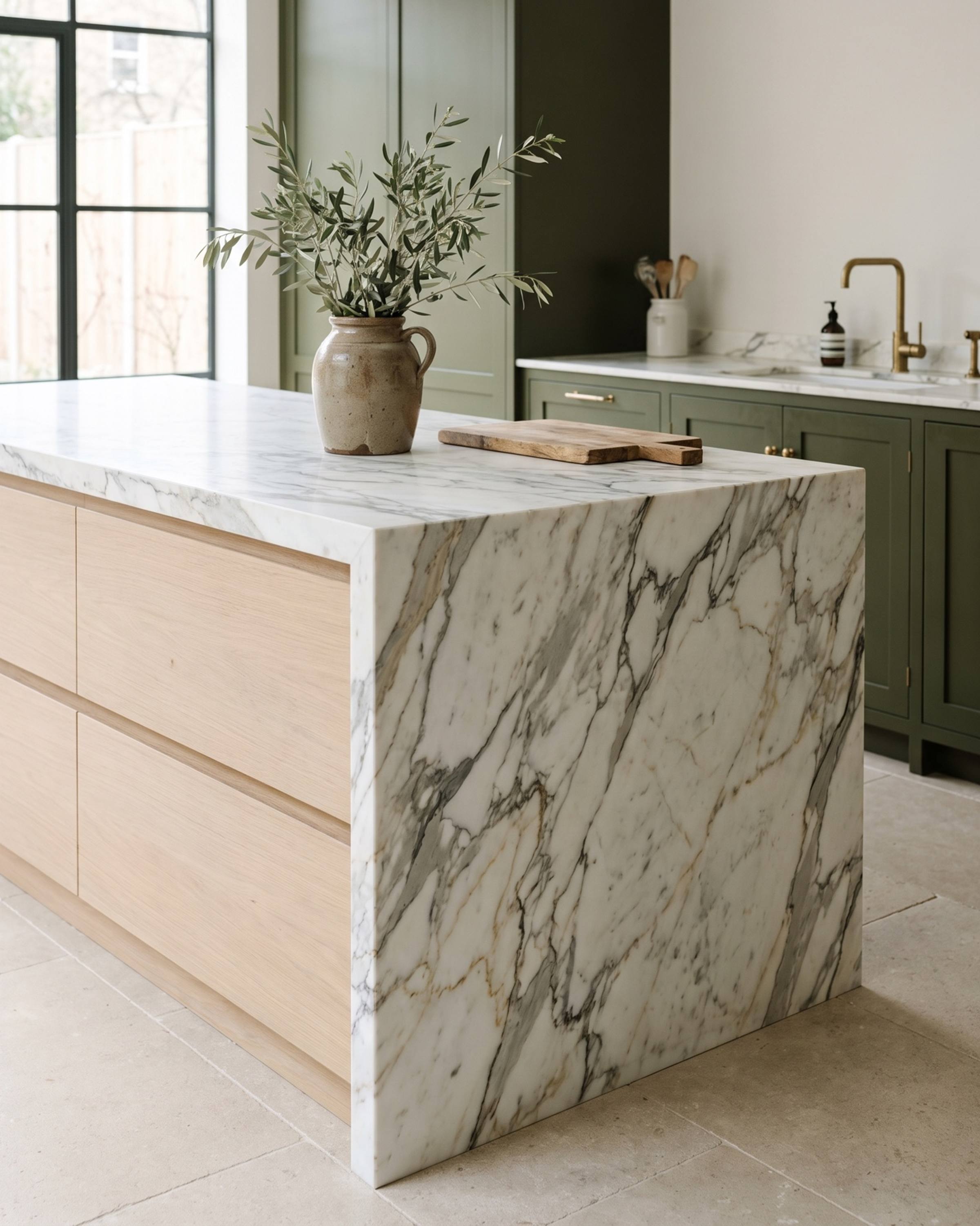 A kitchen island in boldly veined marble whose top turns down at the end and runs to the floor, the veins carrying over the corner