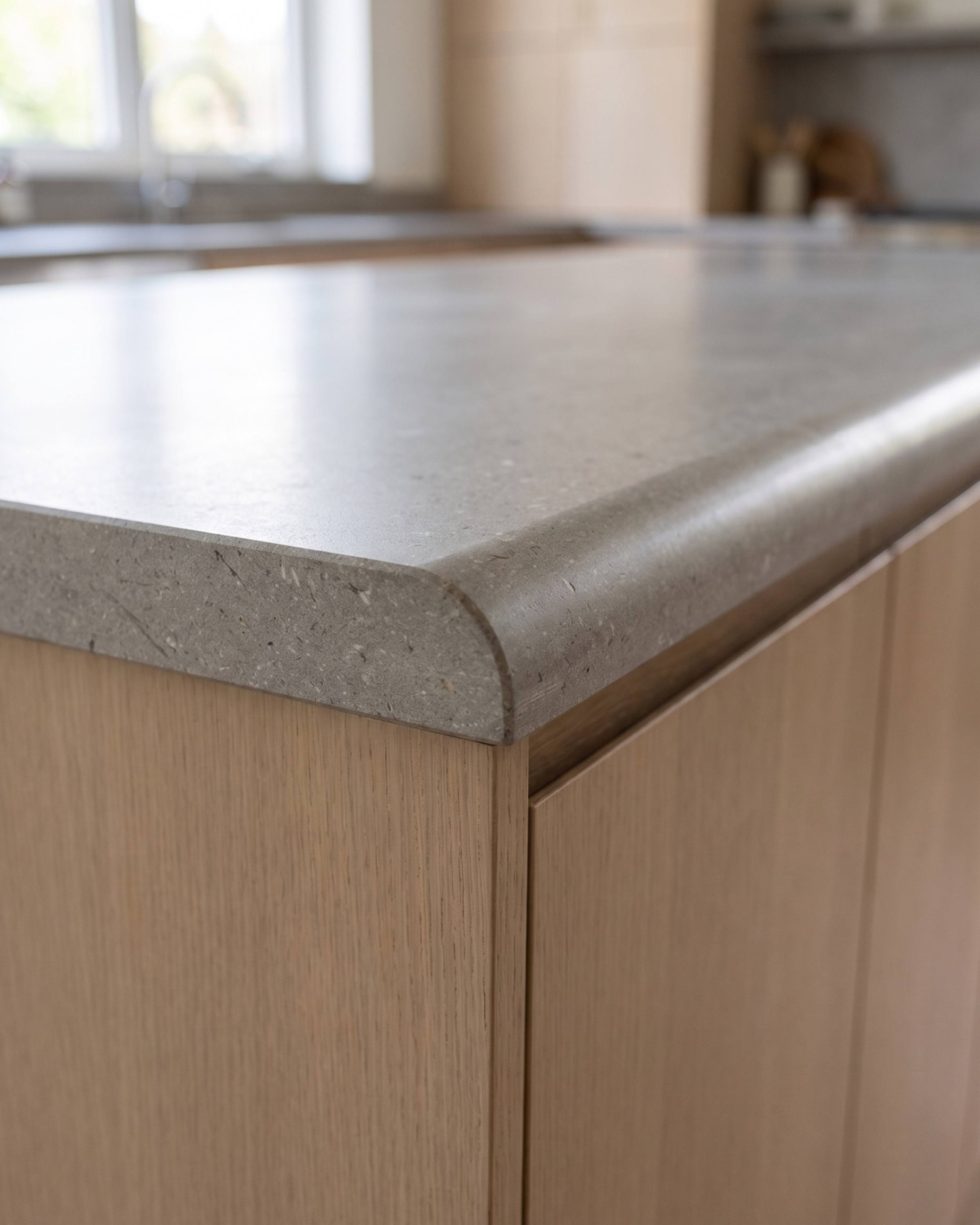 The cut end of a grey limestone countertop showing a half bullnose edge in section: rounded on top, flat underneath