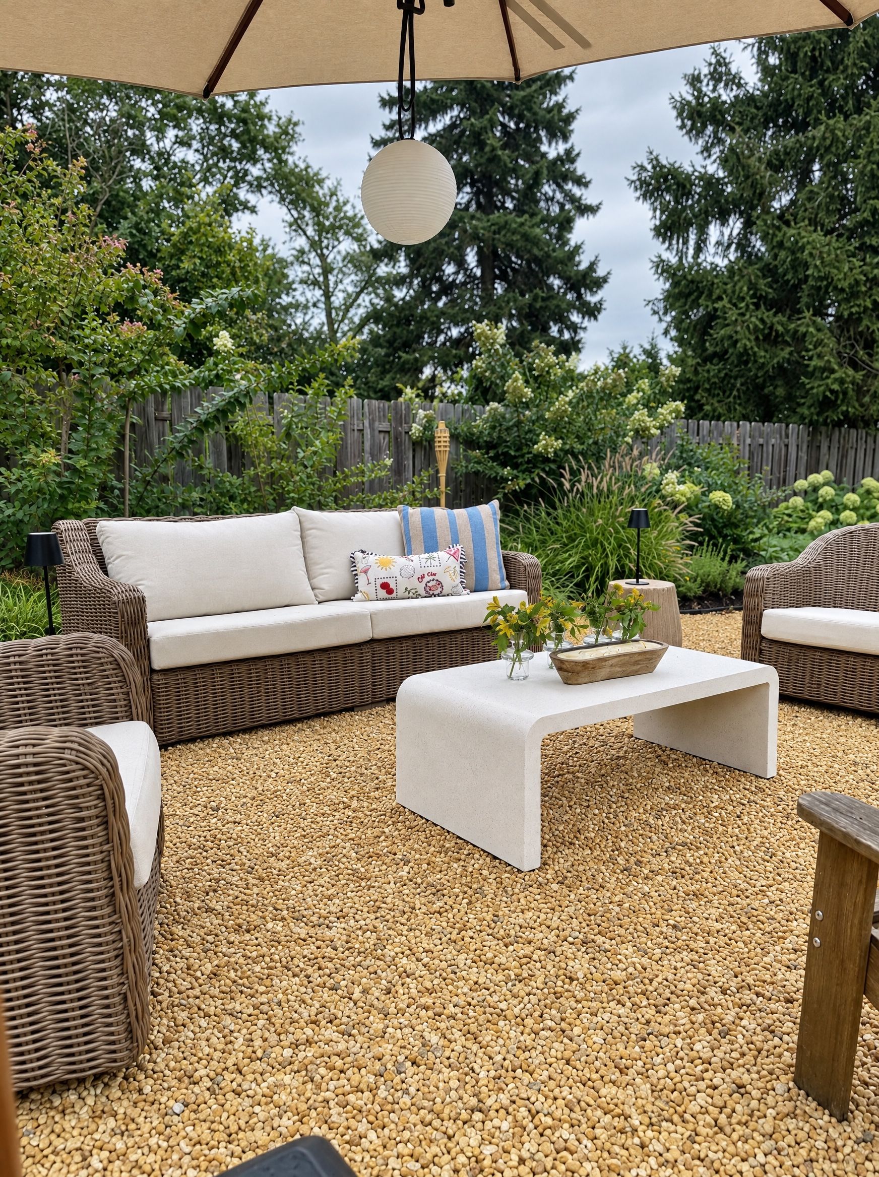 Wicker sofa and armchairs around a white plaster coffee table on pea gravel