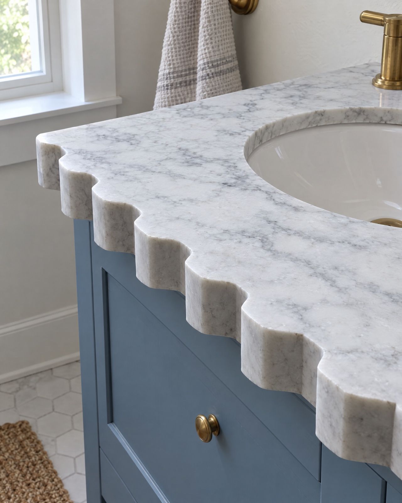 A white marble vanity top with half-round notches cut along its front edge, on a blue cabinet