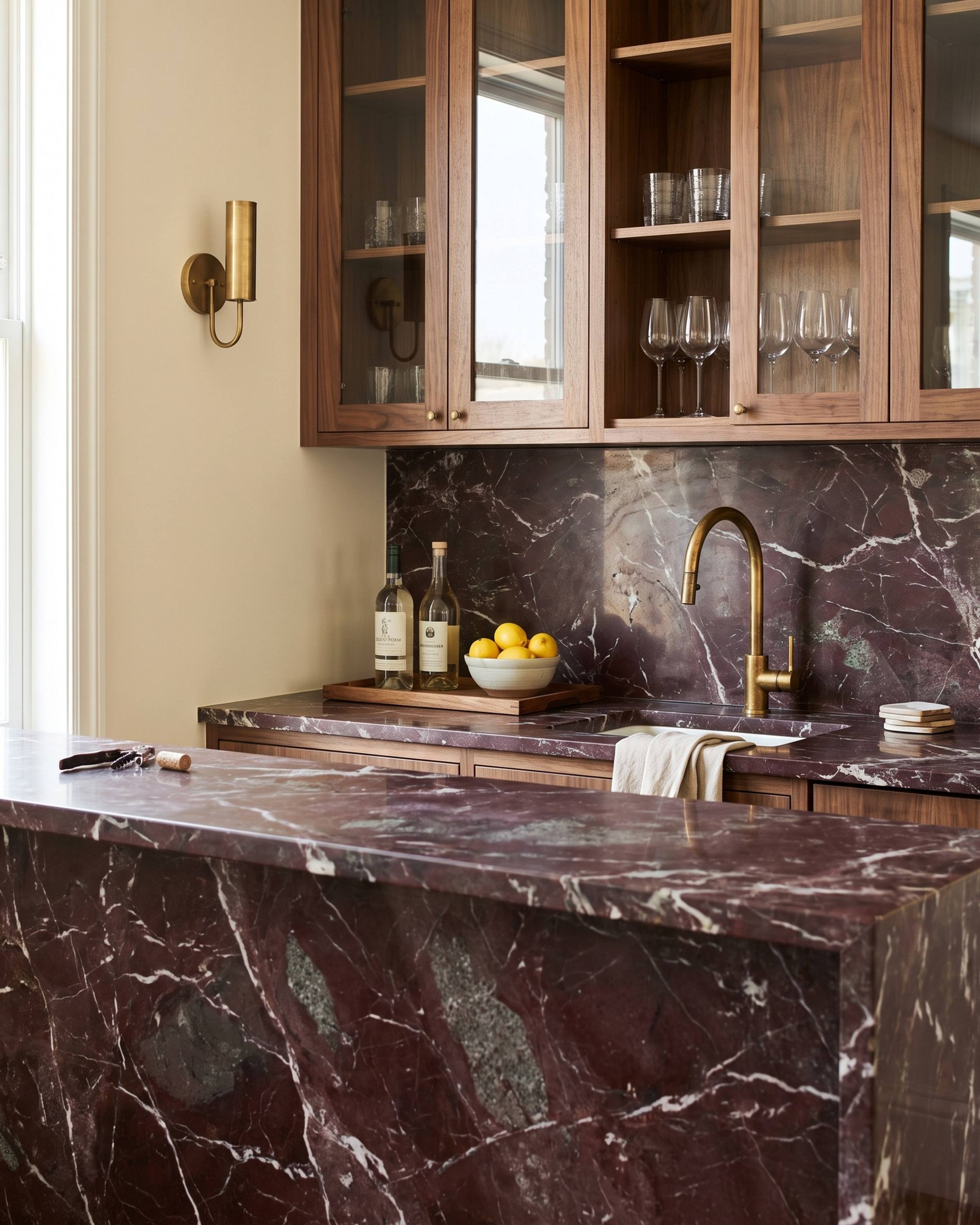 A wet bar with a counter and bar front in polished Rosso Levanto marble, deep burgundy with white veins, under walnut cabinets