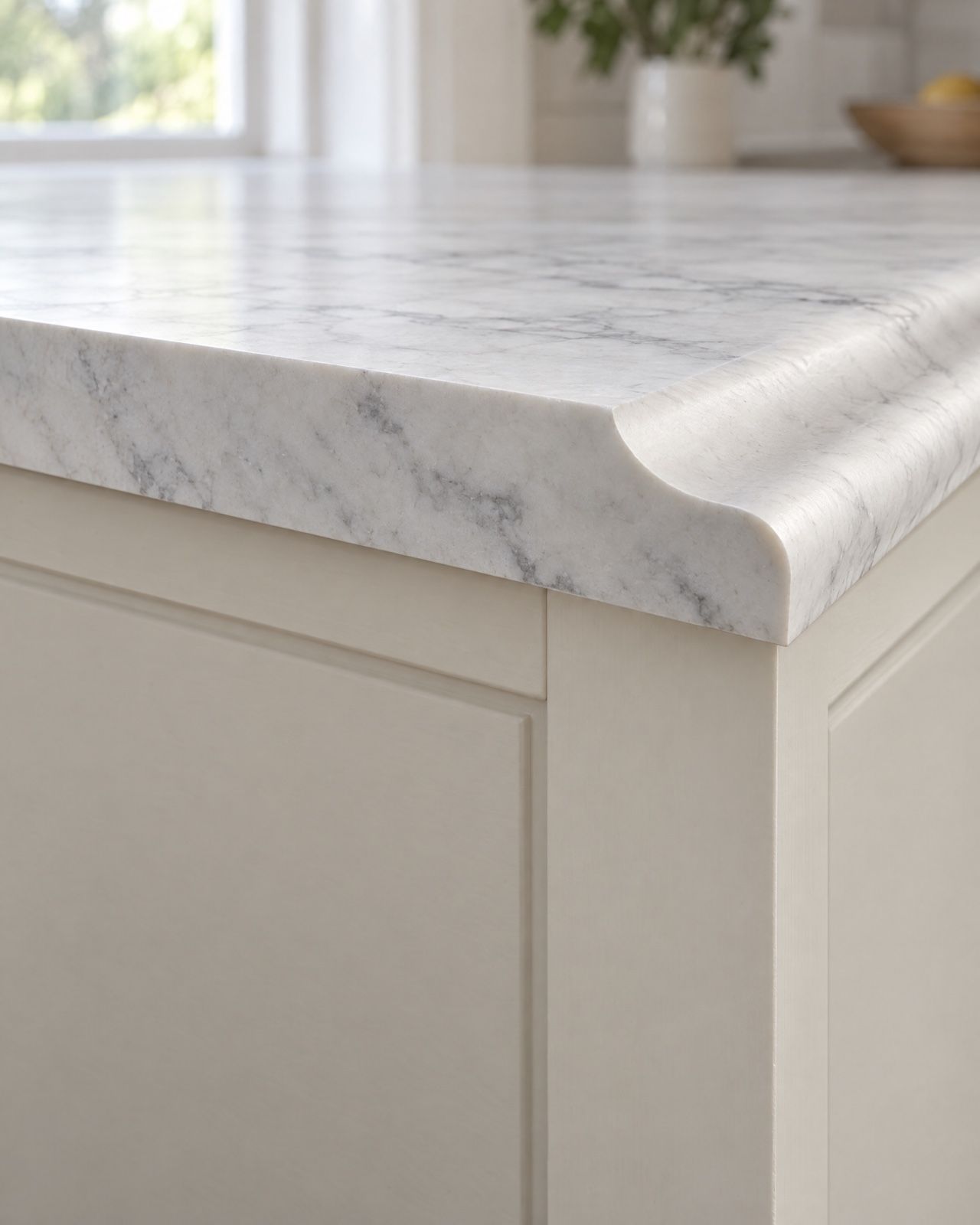 The cut end of a white marble countertop showing an ogee edge in section: a shallow scoop, then a rounded roll