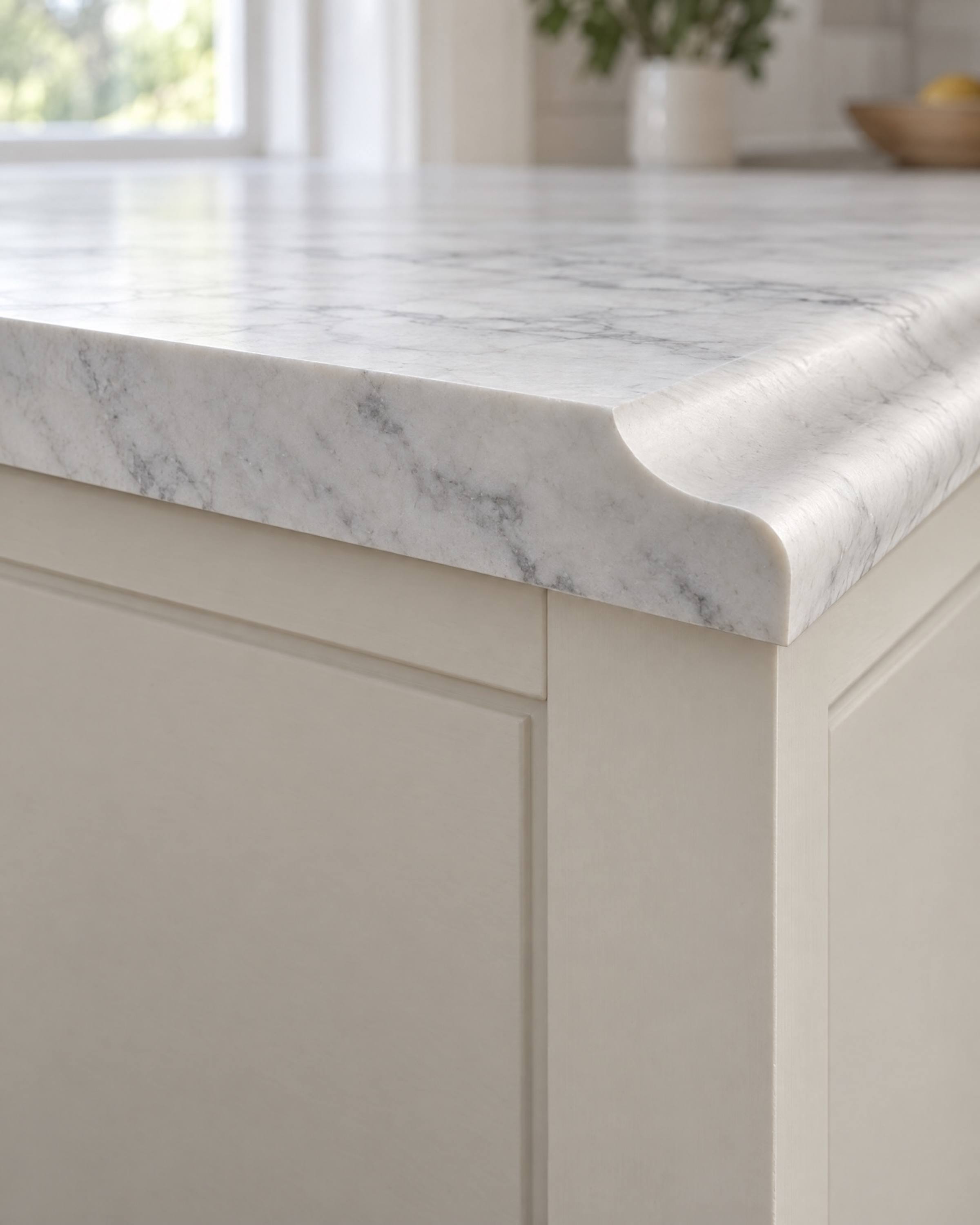 The cut end of a white marble countertop showing an ogee edge in section: a shallow scoop, then a rounded roll