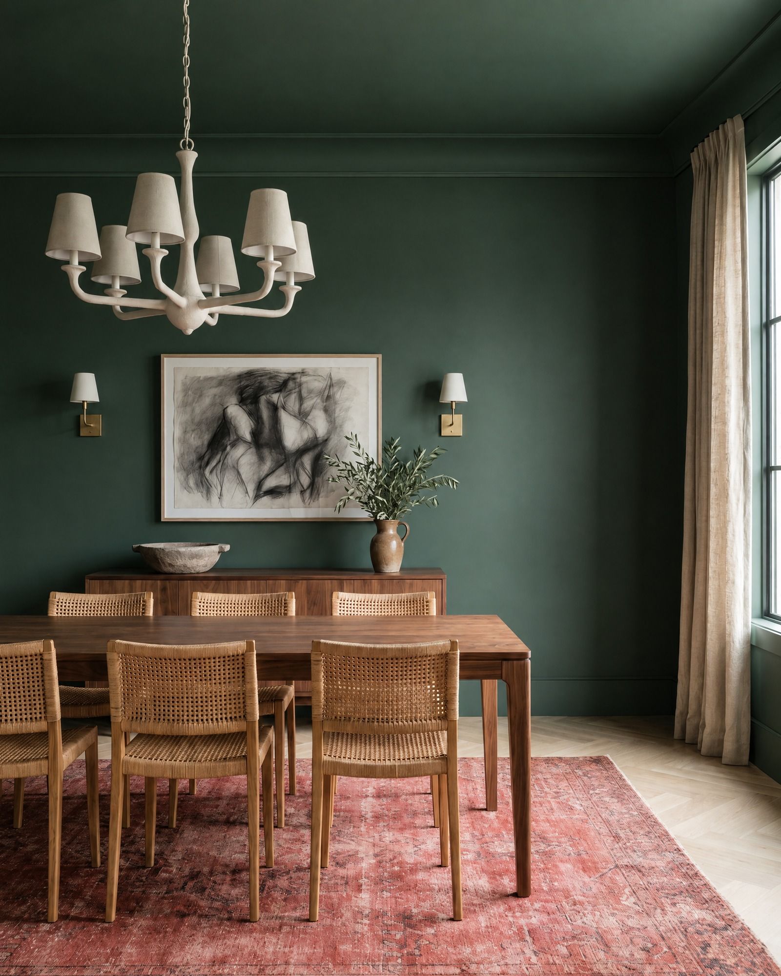 A deep green dining room with a walnut table and a plaster chandelier, a deep plaster cove added where the walls meet the ceiling