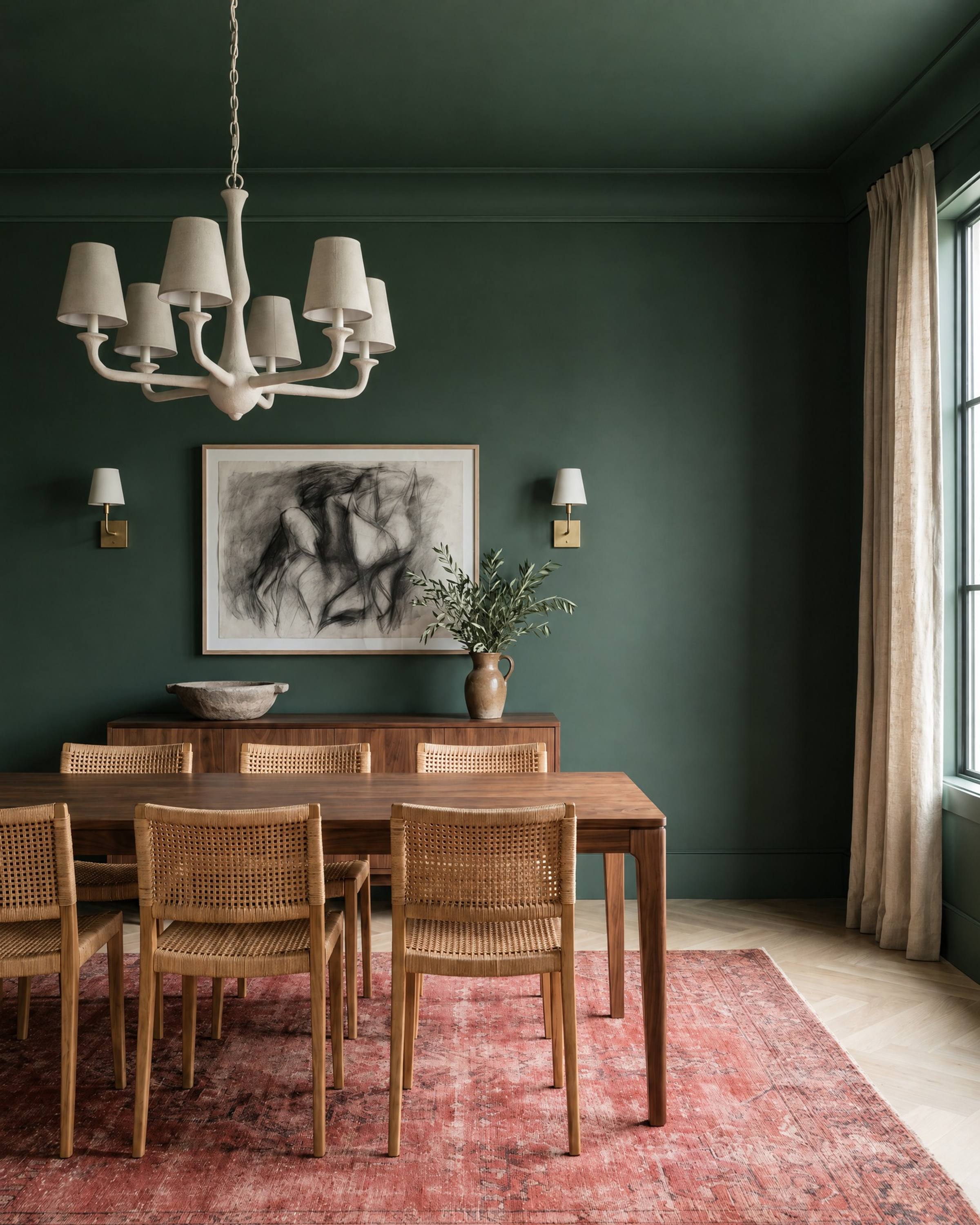 A deep green dining room with a walnut table and a plaster chandelier, a deep plaster cove added where the walls meet the ceiling