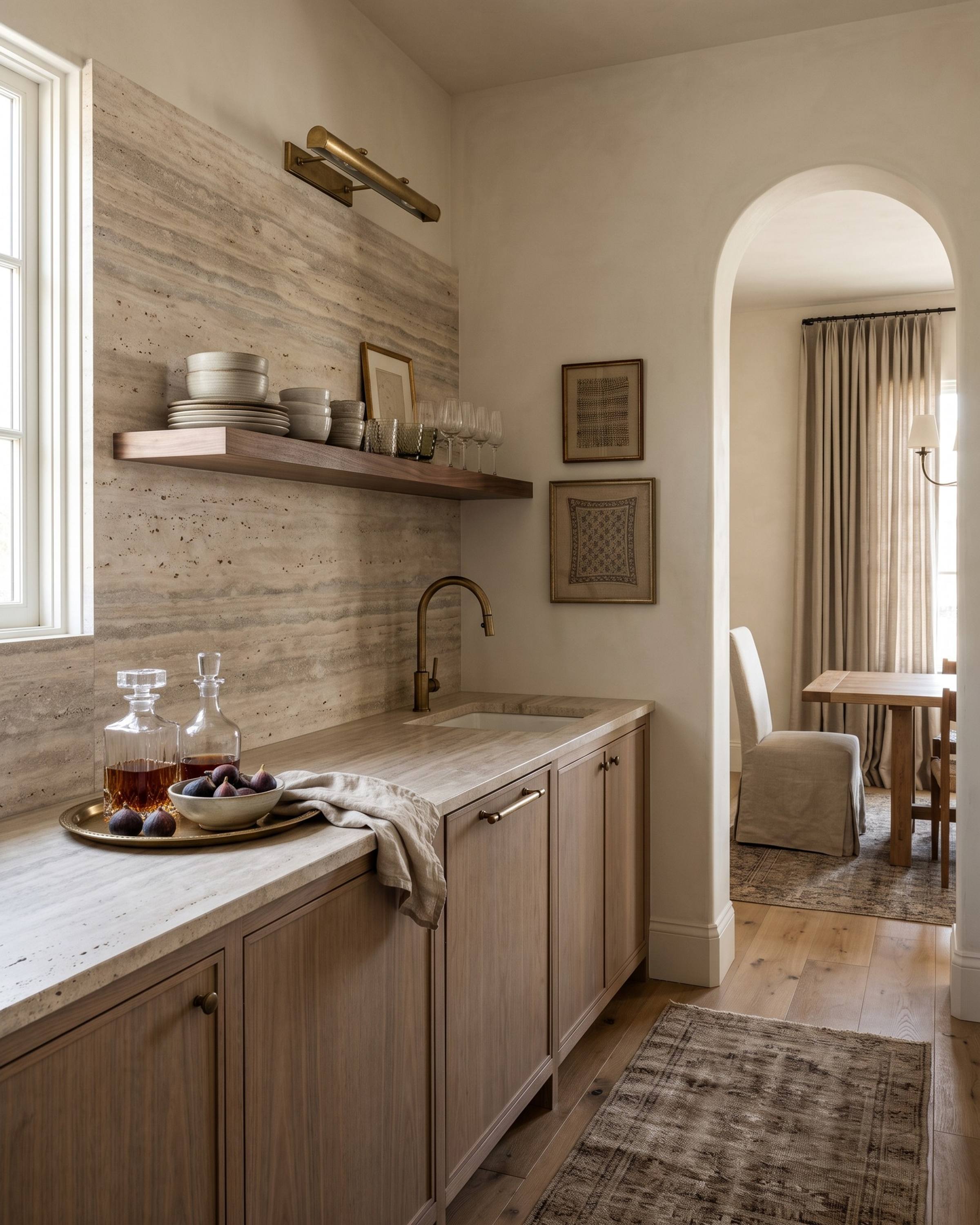 A butler's pantry with a backsplash and counter in honed vein-cut Silver Beige travertine, greige with fine bands, under bleached walnut cabinets