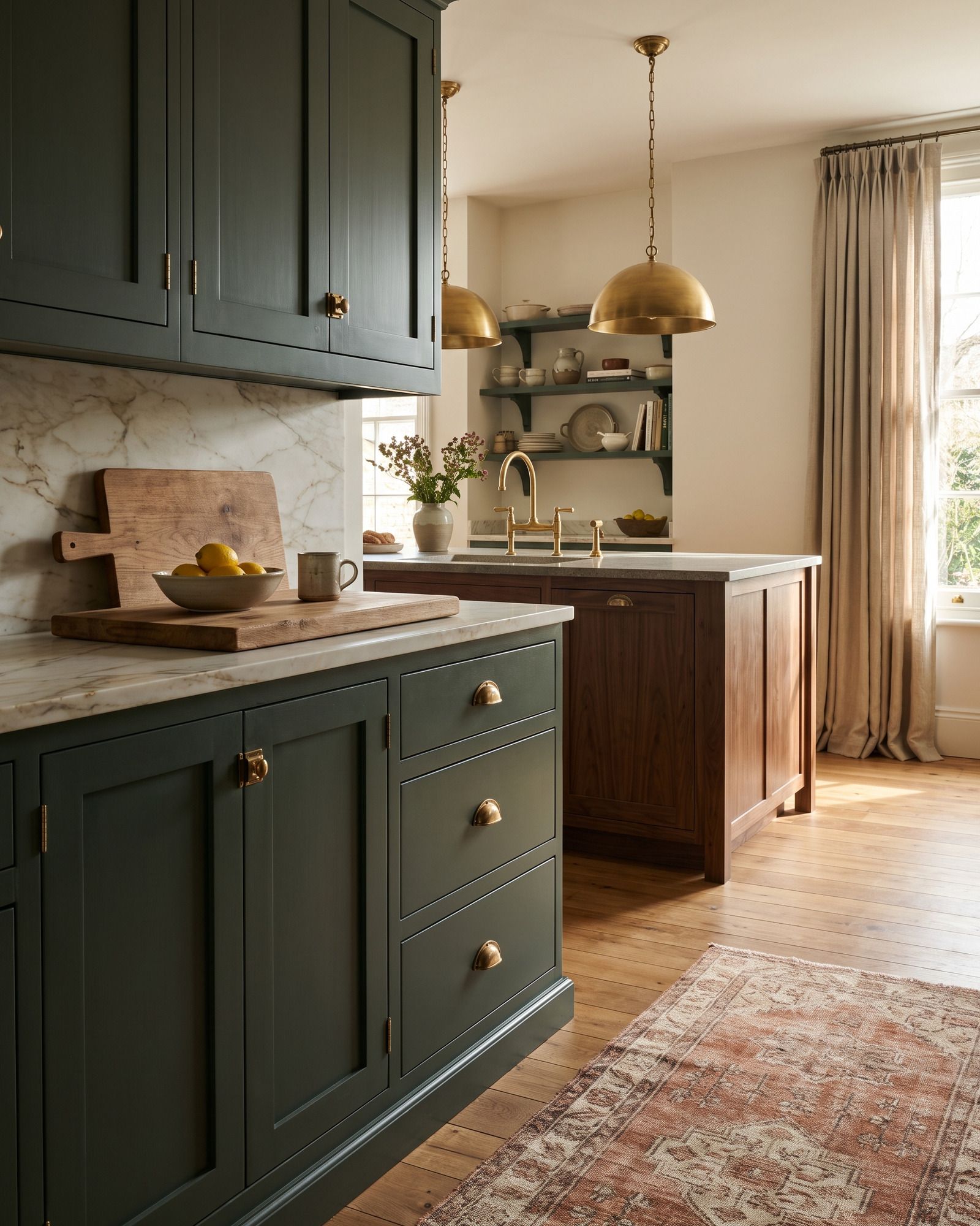 A kitchen with inset shaker doors painted deep green in a face frame, brass butt hinges and cup pulls, a honed Calacatta counter and a walnut island