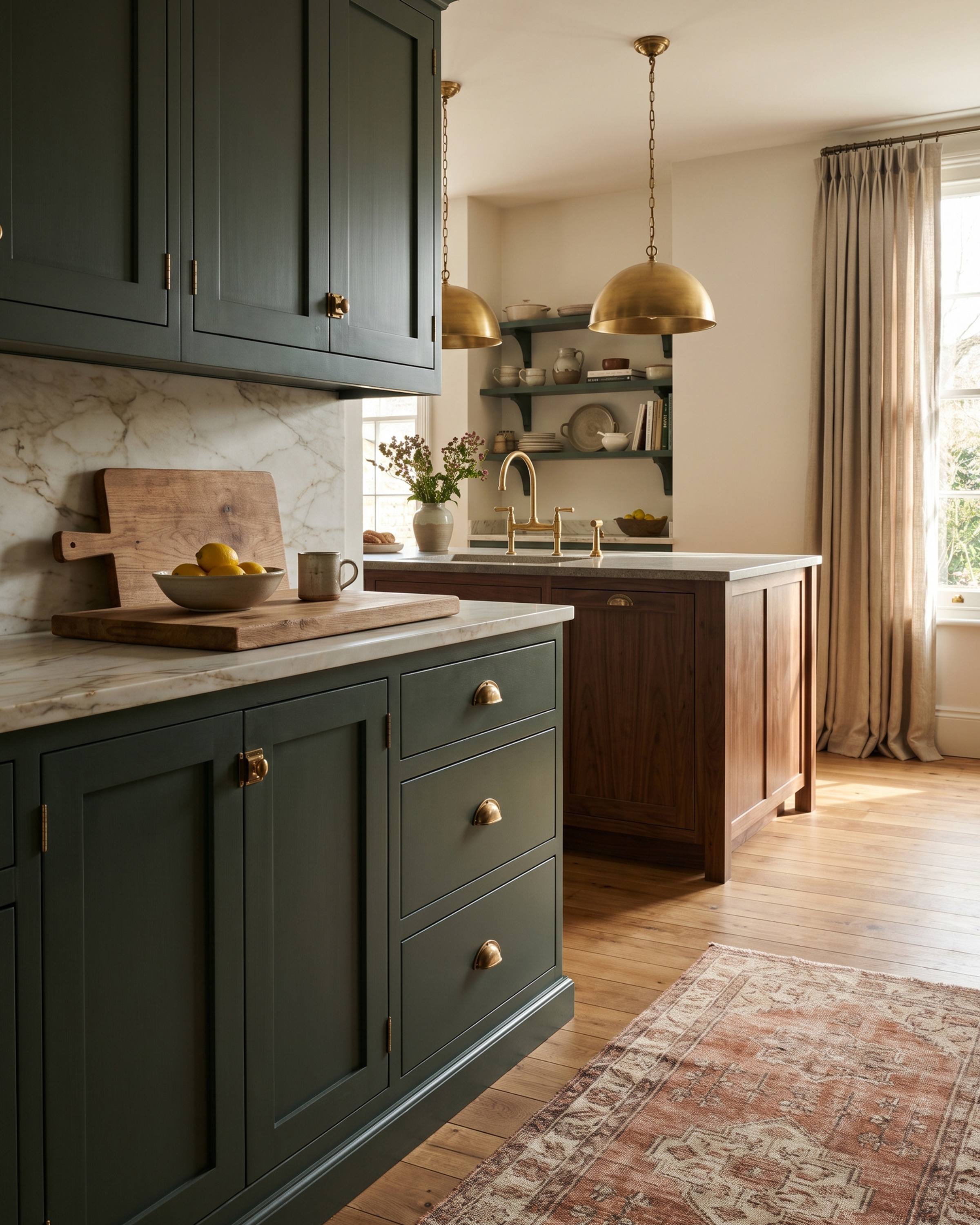 A kitchen with inset shaker doors painted deep green in a face frame, brass butt hinges and cup pulls, a honed Calacatta counter and a walnut island