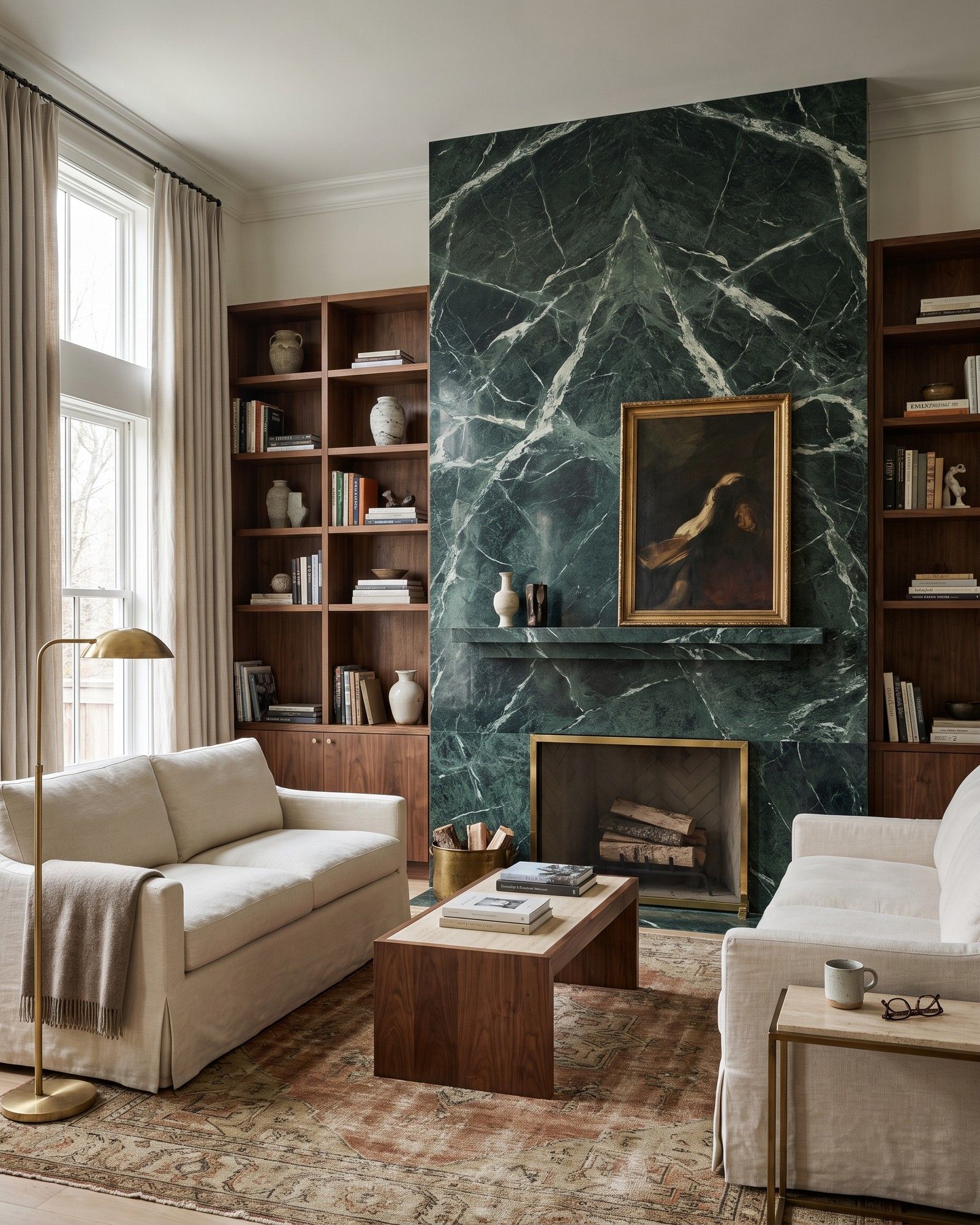 A living room with a floor-to-ceiling bookmatched Verde Alpi marble fireplace wall, deep green with white veins, between walnut bookshelves