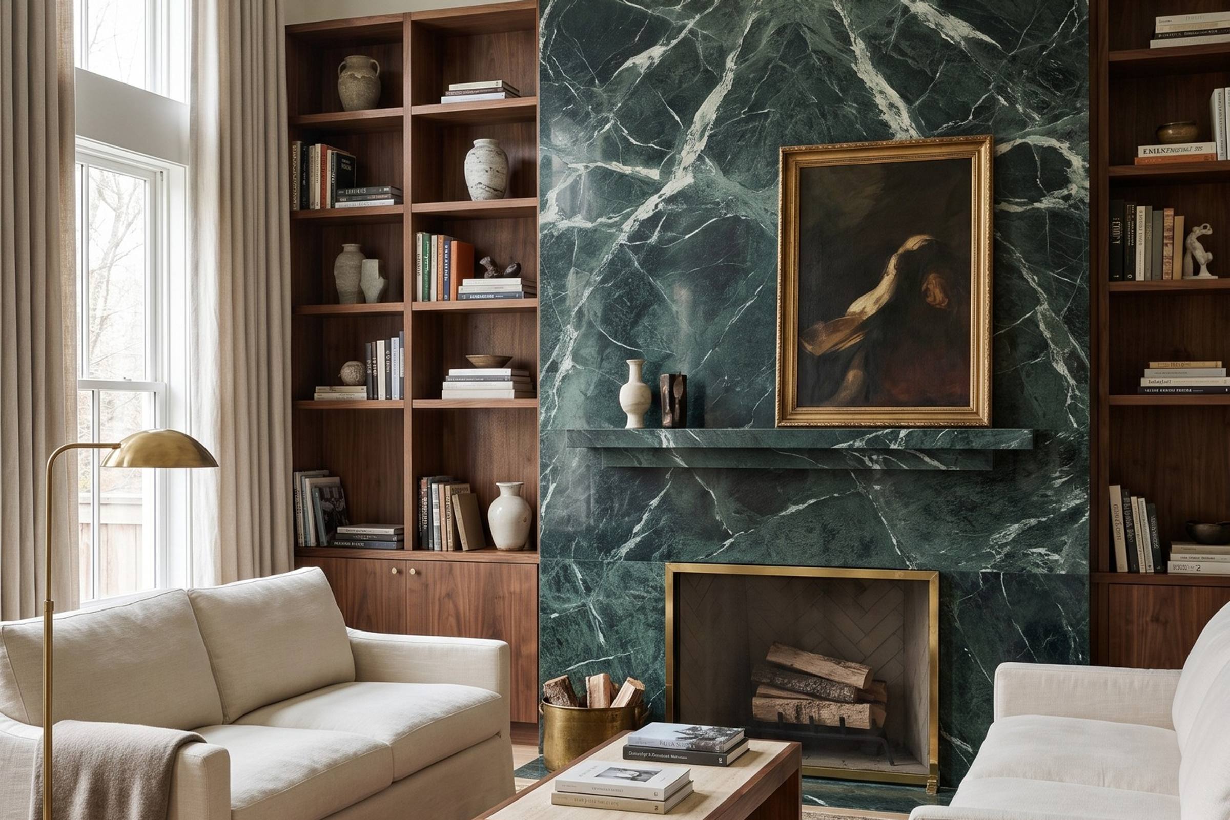 A living room with a floor-to-ceiling bookmatched Verde Alpi marble fireplace wall, deep green with white veins, between walnut bookshelves