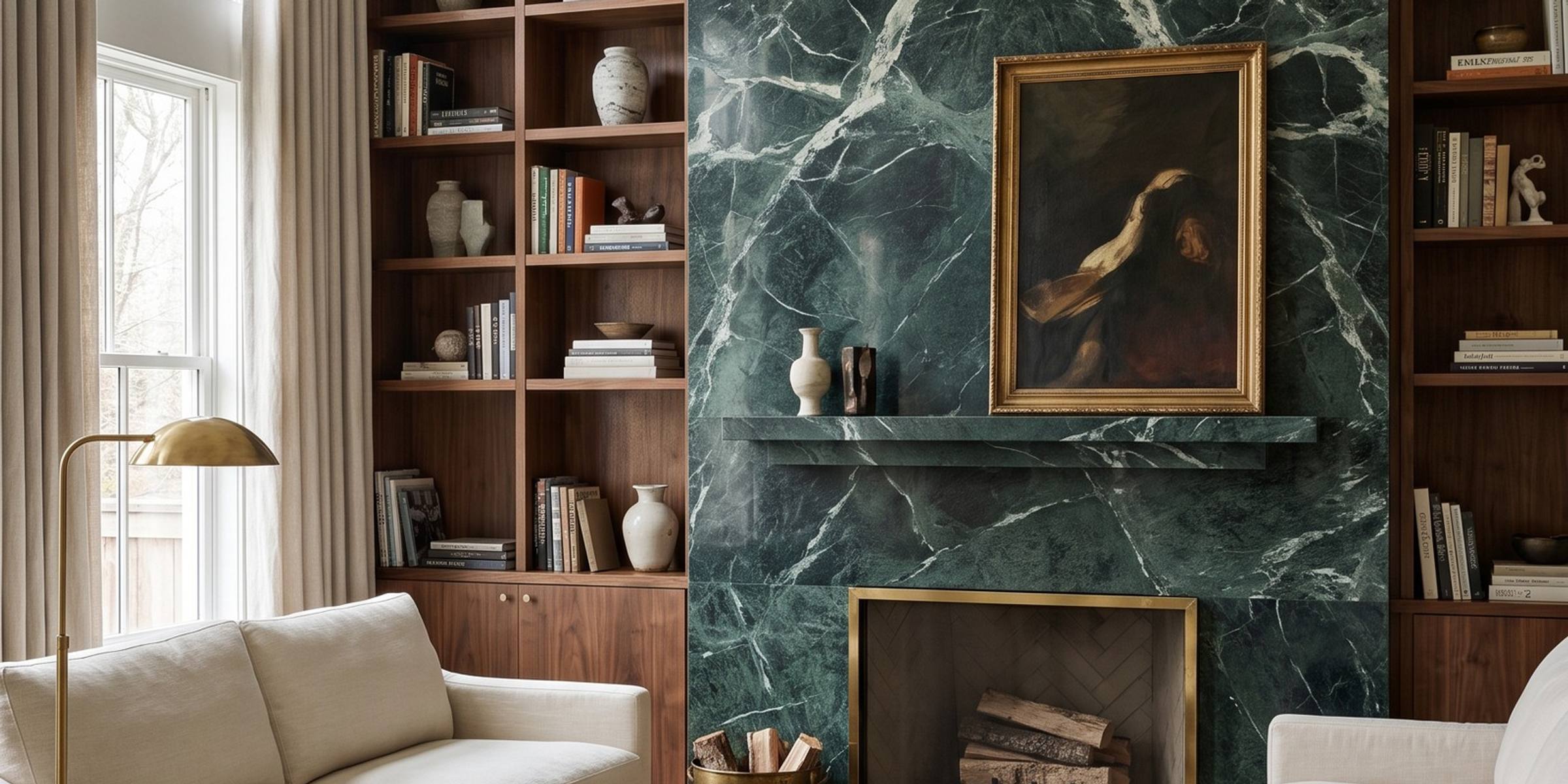 A living room with a floor-to-ceiling bookmatched Verde Alpi marble fireplace wall, deep green with white veins, between walnut bookshelves