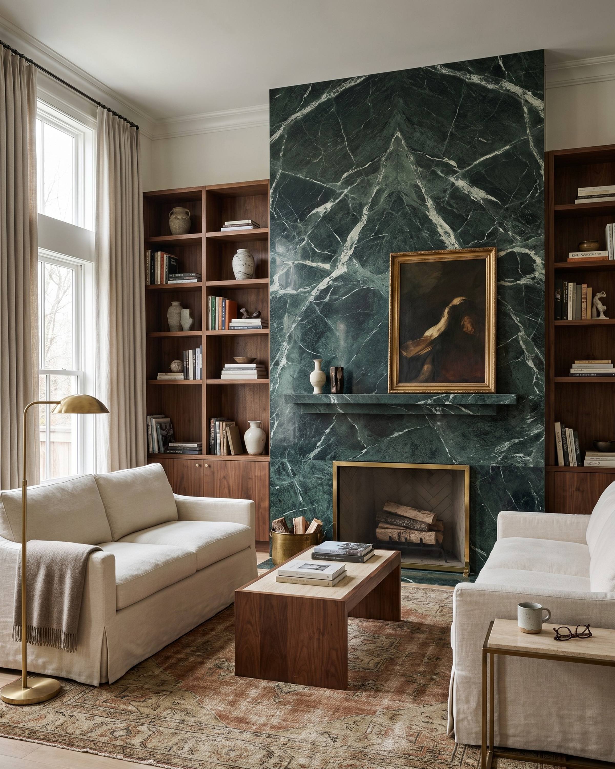 A living room with a floor-to-ceiling bookmatched Verde Alpi marble fireplace wall, deep green with white veins, between walnut bookshelves