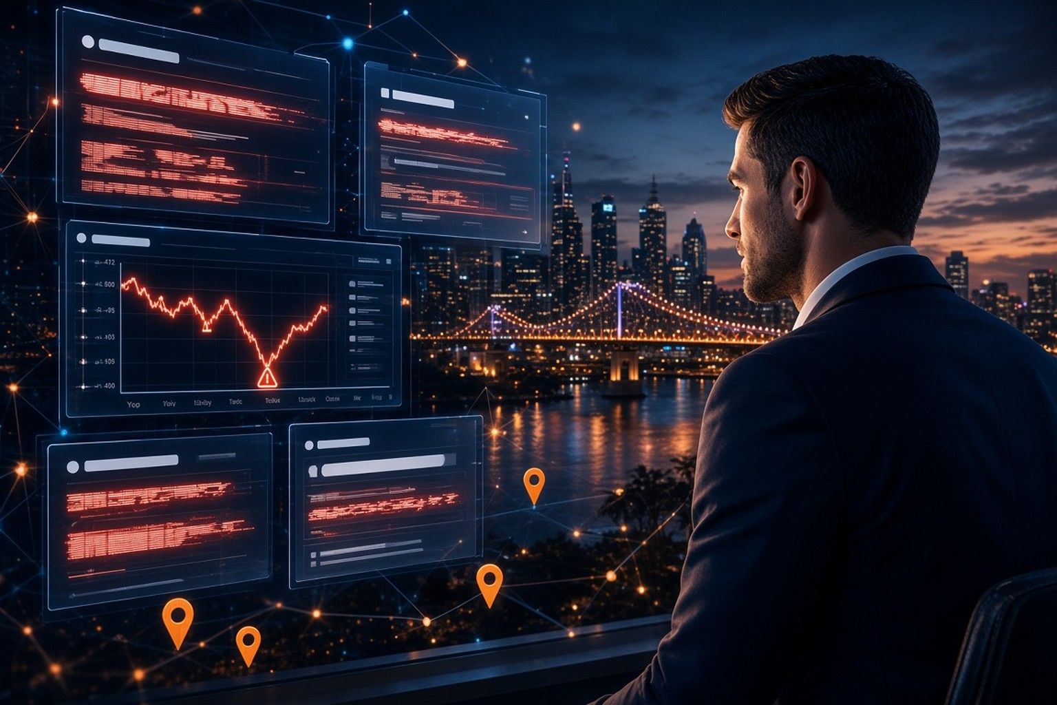 Businessman looking at glitching search results and a crashing ranking chart over the night-time Brisbane skyline and Story Bridge