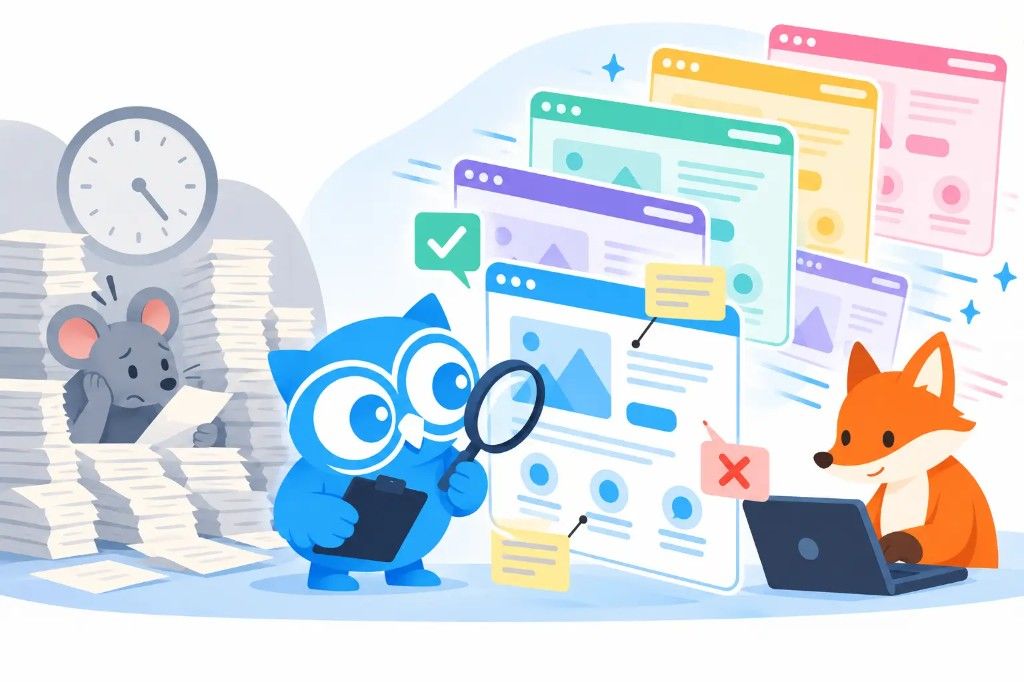 A blue owl reviews website layouts with a magnifying glass while a fox works at a laptop and a mouse sits behind a tall stack of papers under a clock.