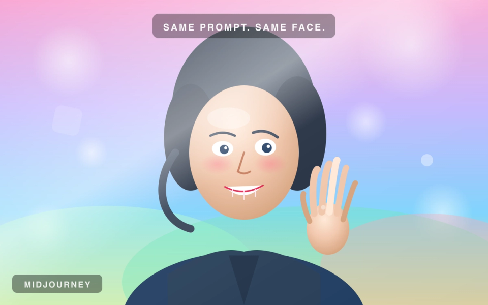 Uncanny AI-generated hero portrait with plastic skin, six-fingered hand, and Midjourney watermark